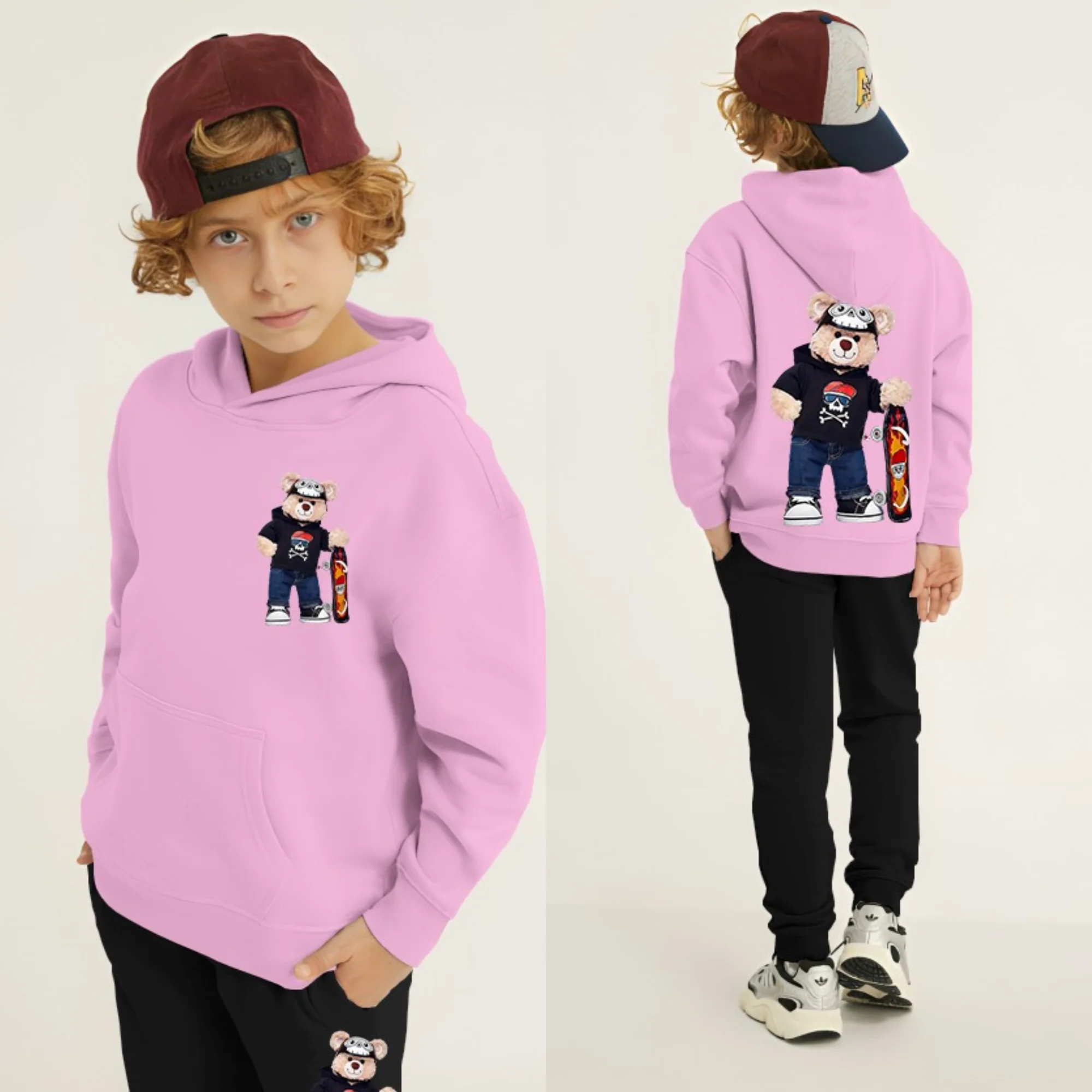 Bear Skateboard Printed Kids Hoodie Set - Image 3