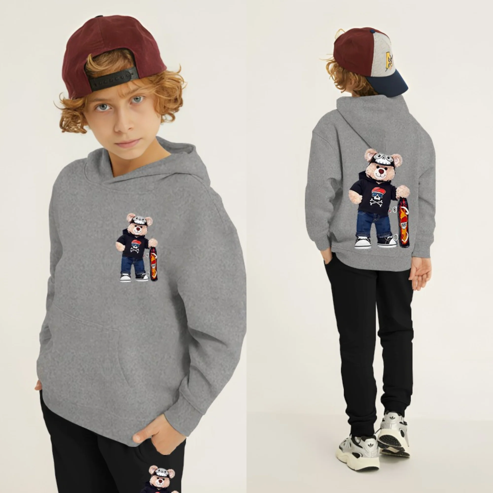 Bear Skateboard Printed Kids Hoodie Set - Image 4
