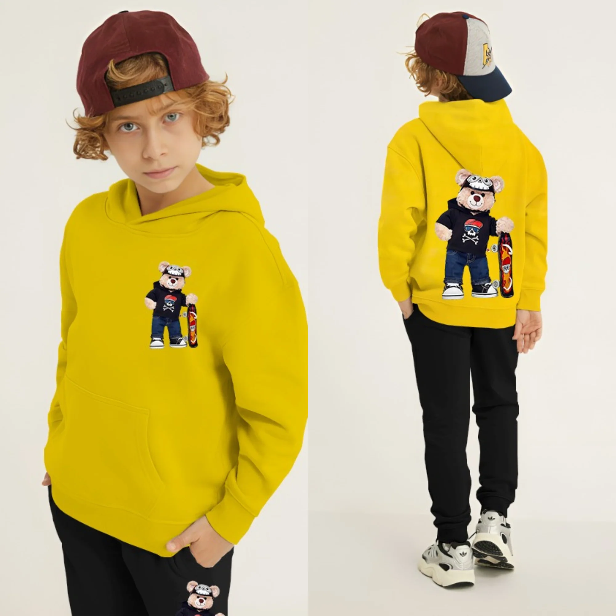 Bear Skateboard Printed Kids Hoodie Set - Image 6