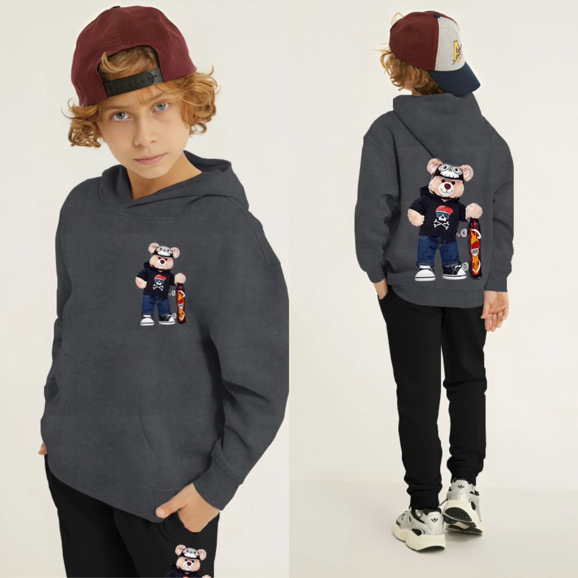 Bear Skateboard Printed Kids Hoodie Set - Image 7