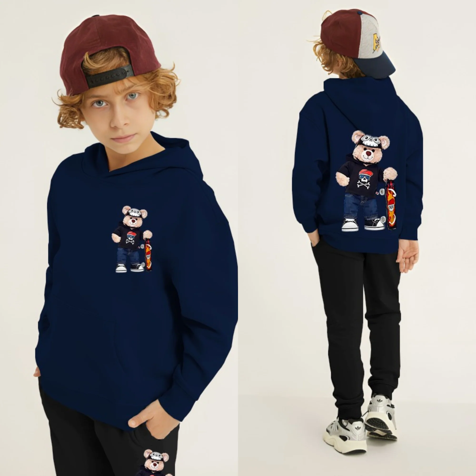 Bear Skateboard Printed Kids Hoodie Set - Image 8