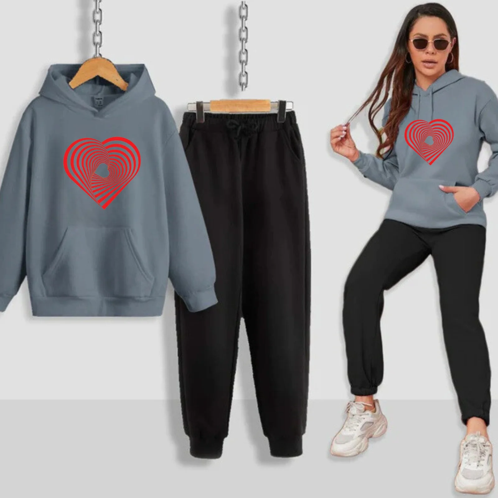 Geometrical Heart Printed Women Hoodie Set - Image 10