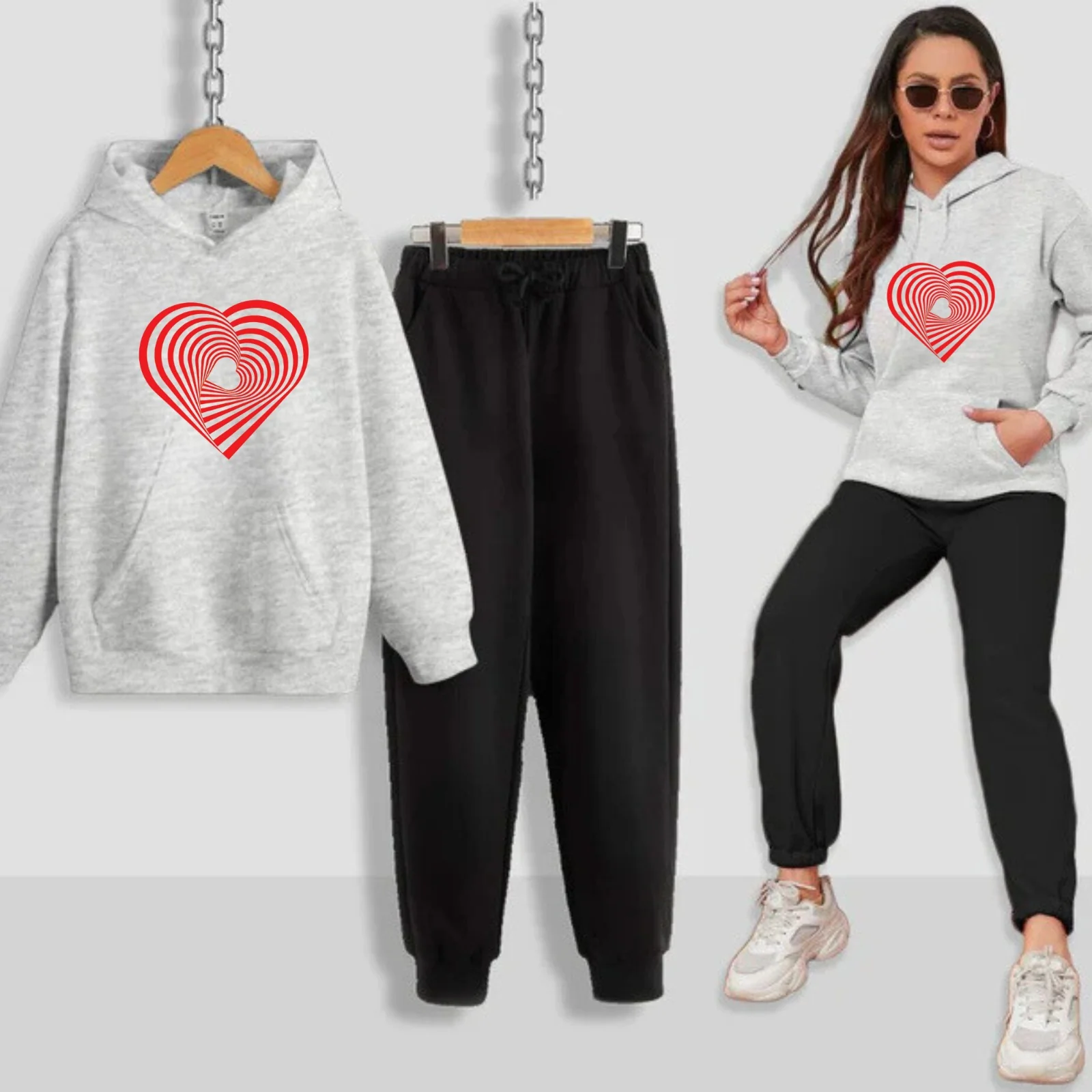 Geometrical Heart Printed Women Hoodie Set - Image 11