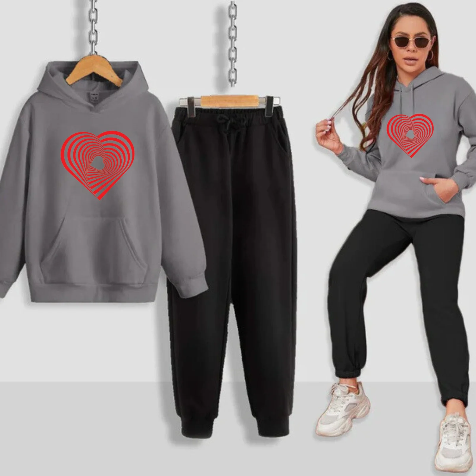 Geometrical Heart Printed Women Hoodie Set - Image 3