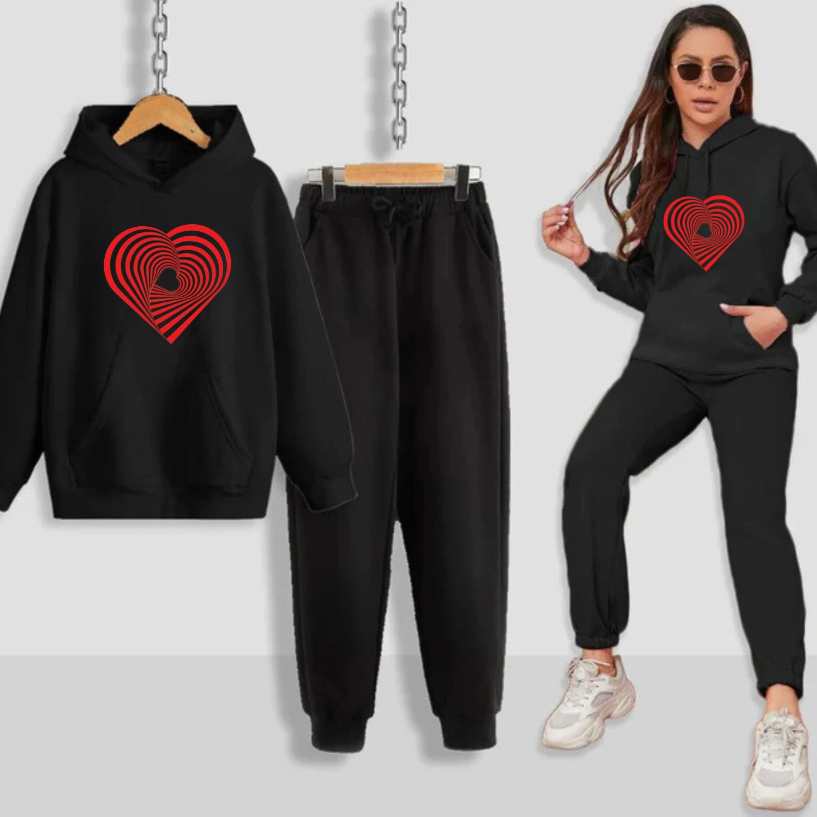 Geometrical Heart Printed Women Hoodie Set - Image 4