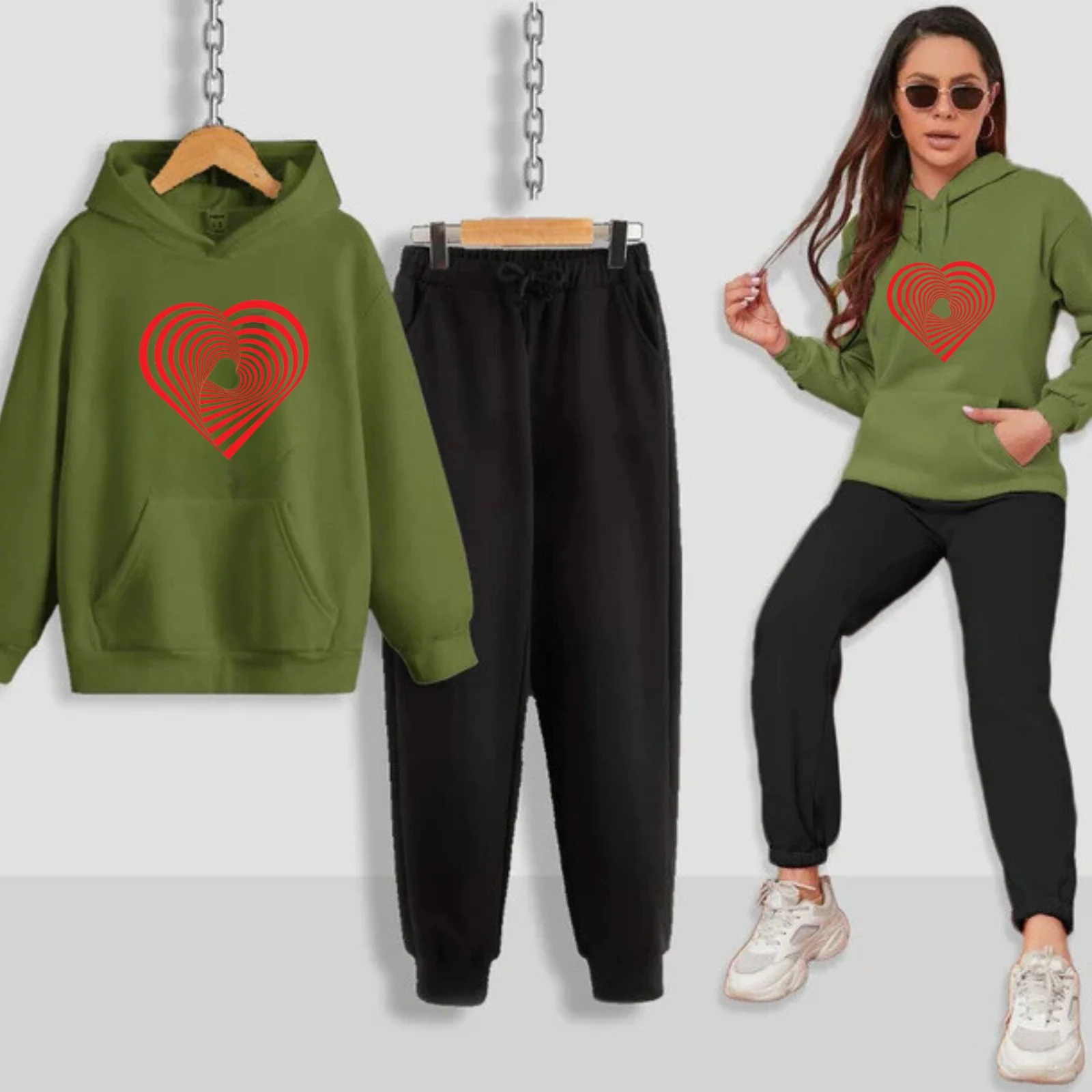 Geometrical Heart Printed Women Hoodie Set - Image 7