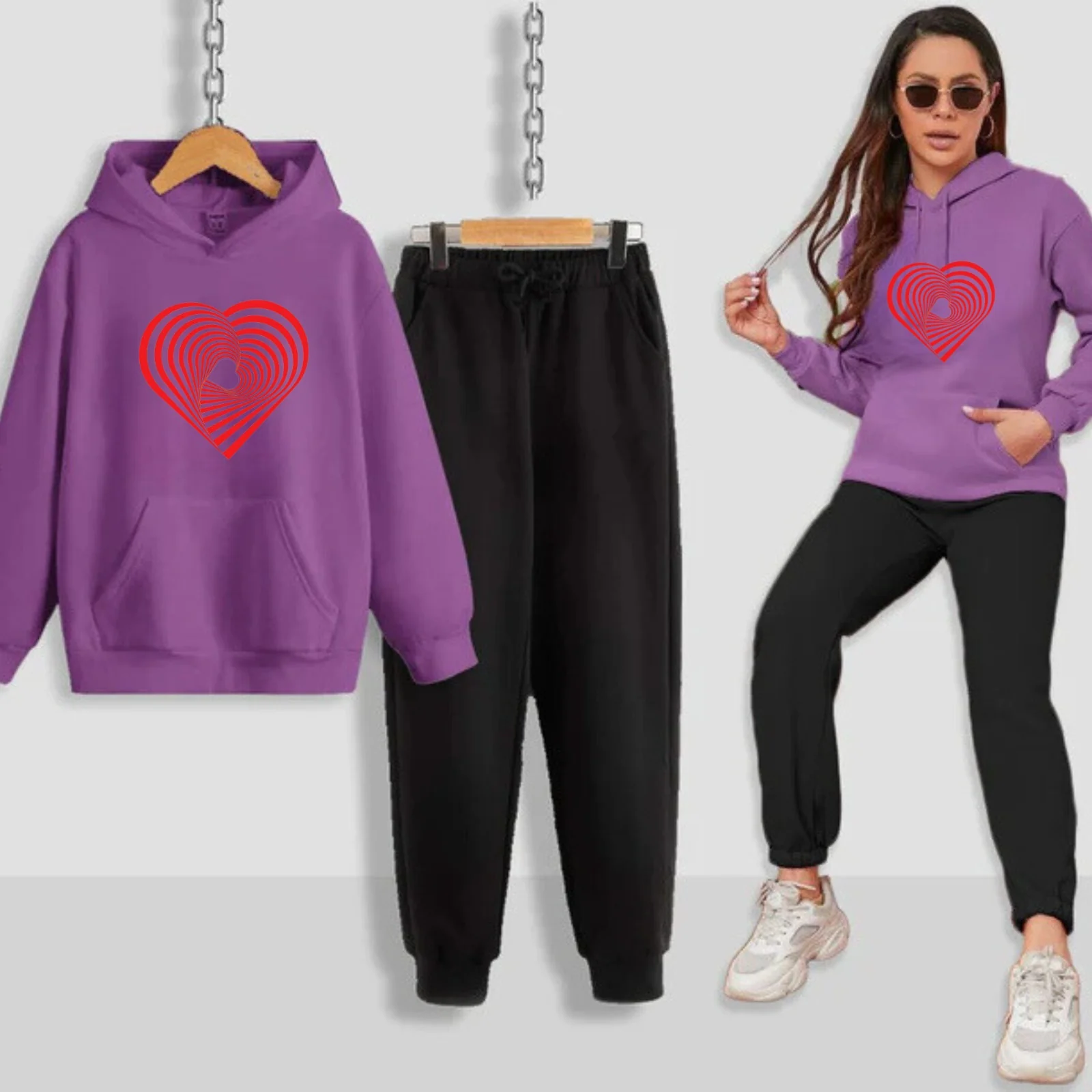 Geometrical Heart Printed Women Hoodie Set - Image 8