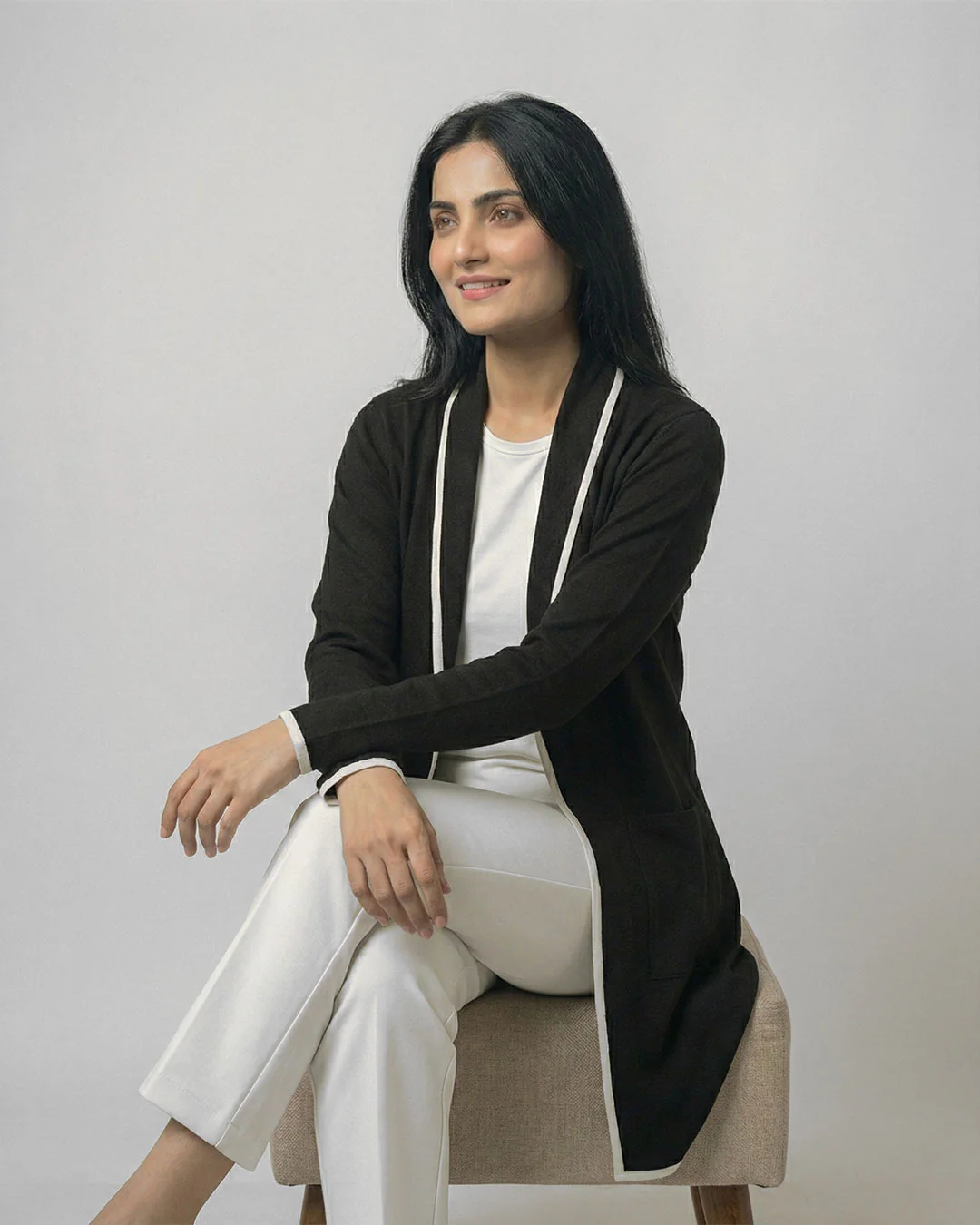 Black Front Open Long Coat Dual Pockets Jacket - Image 2