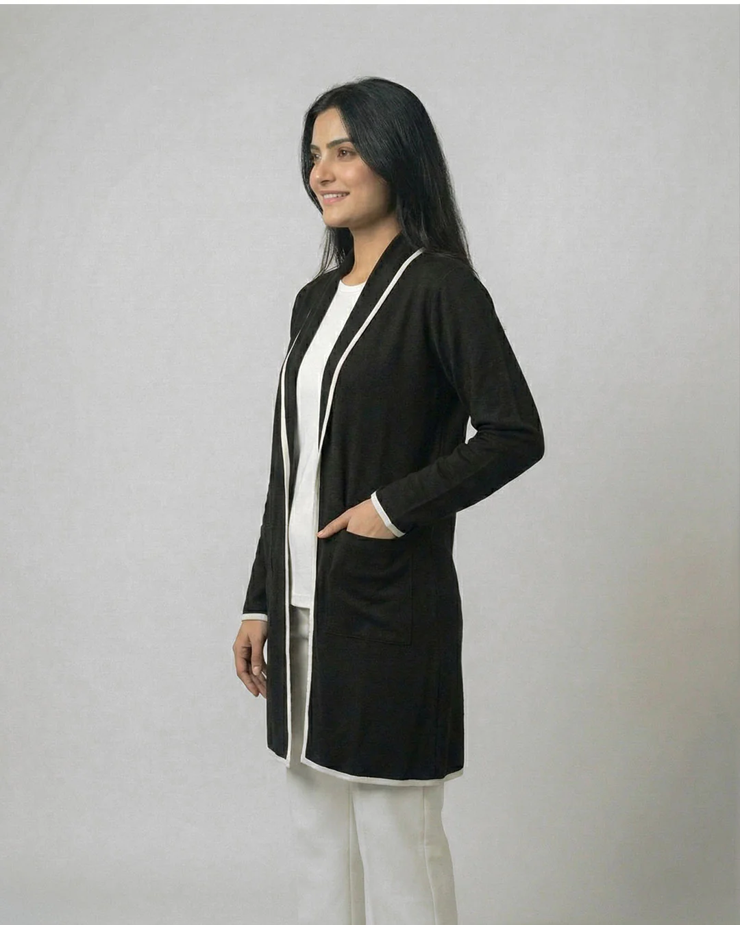 Black Front Open Long Coat Dual Pockets Jacket - Image 3