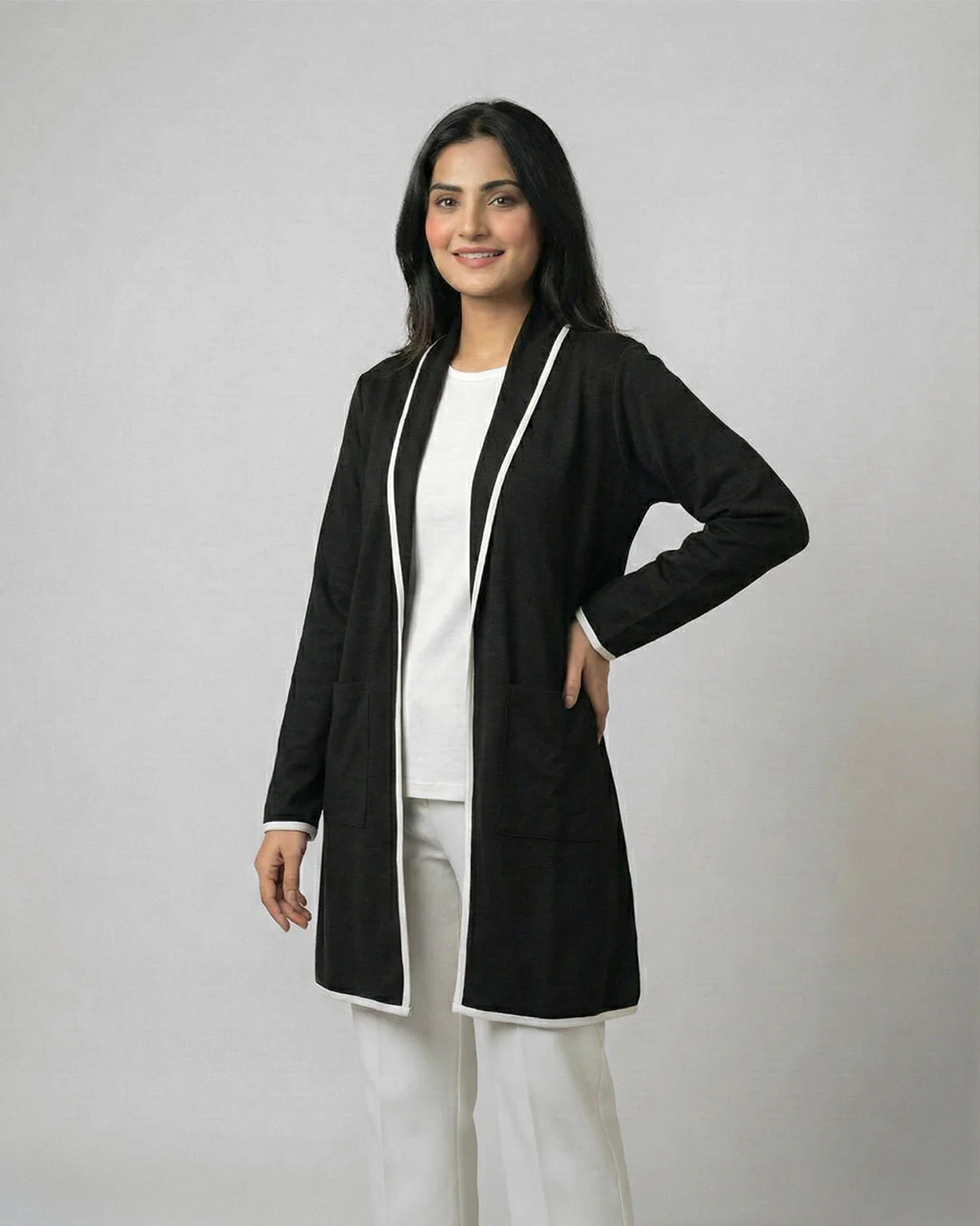 Black Front Open Long Coat Dual Pockets Jacket - Image 4