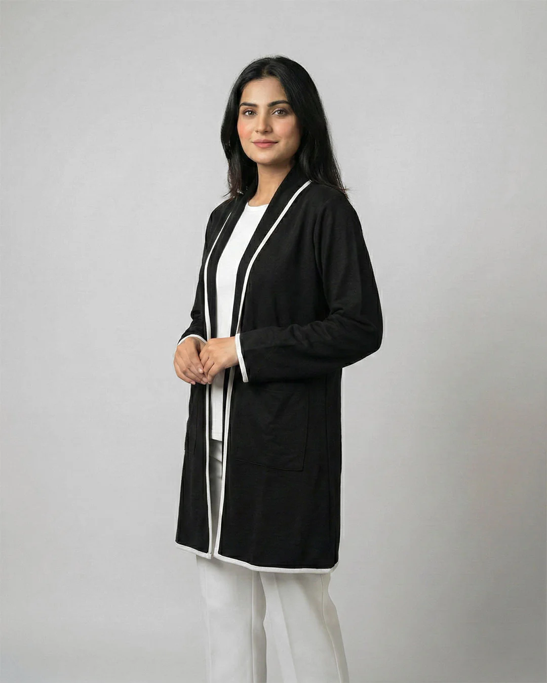 Black Front Open Long Coat Dual Pockets Jacket - Image 5