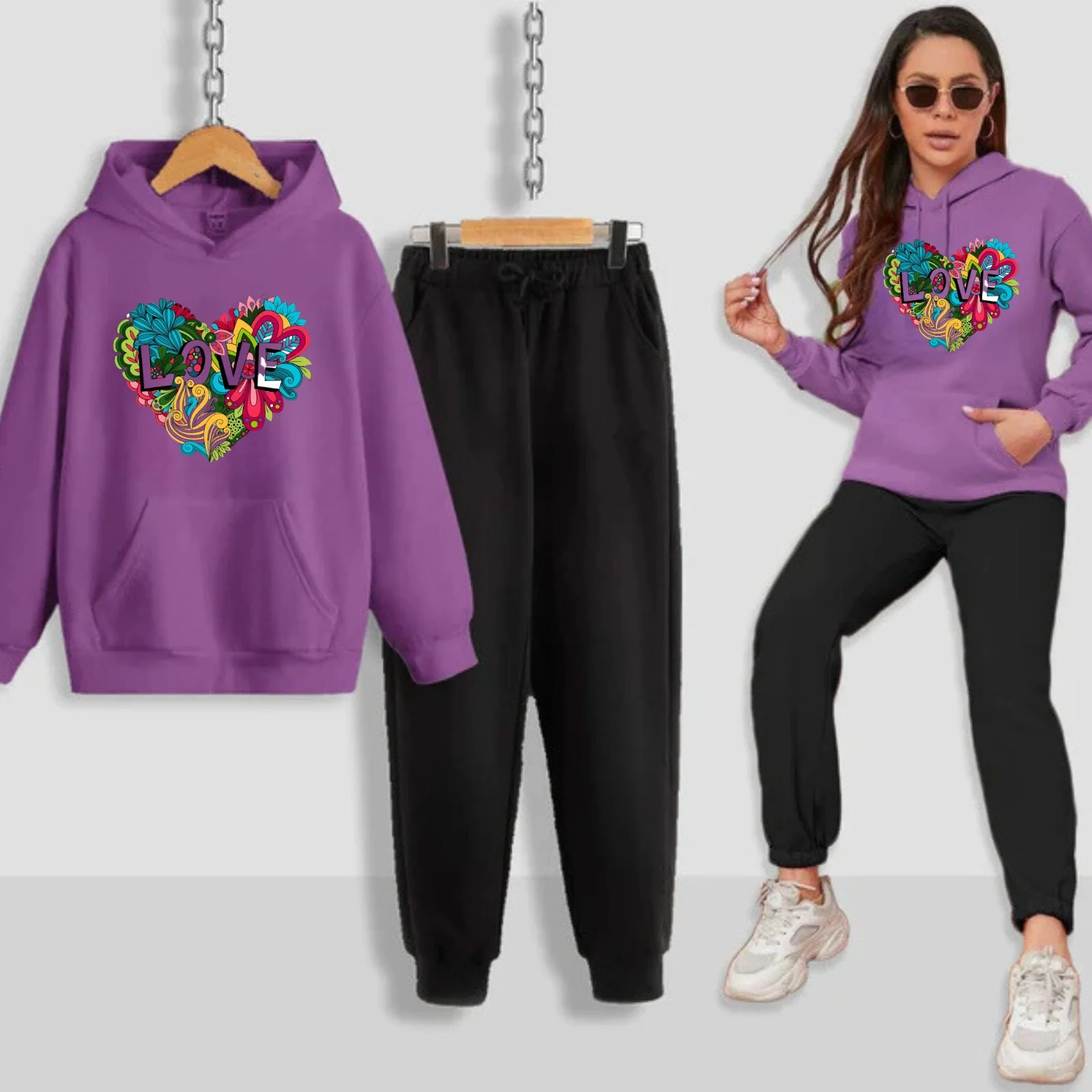 Colourful Love Printed Women Hoodie Set - Image 11