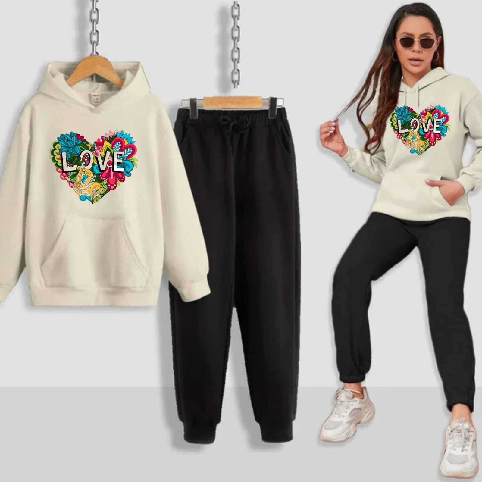 Colourful Love Printed Women Hoodie Set - Image 4