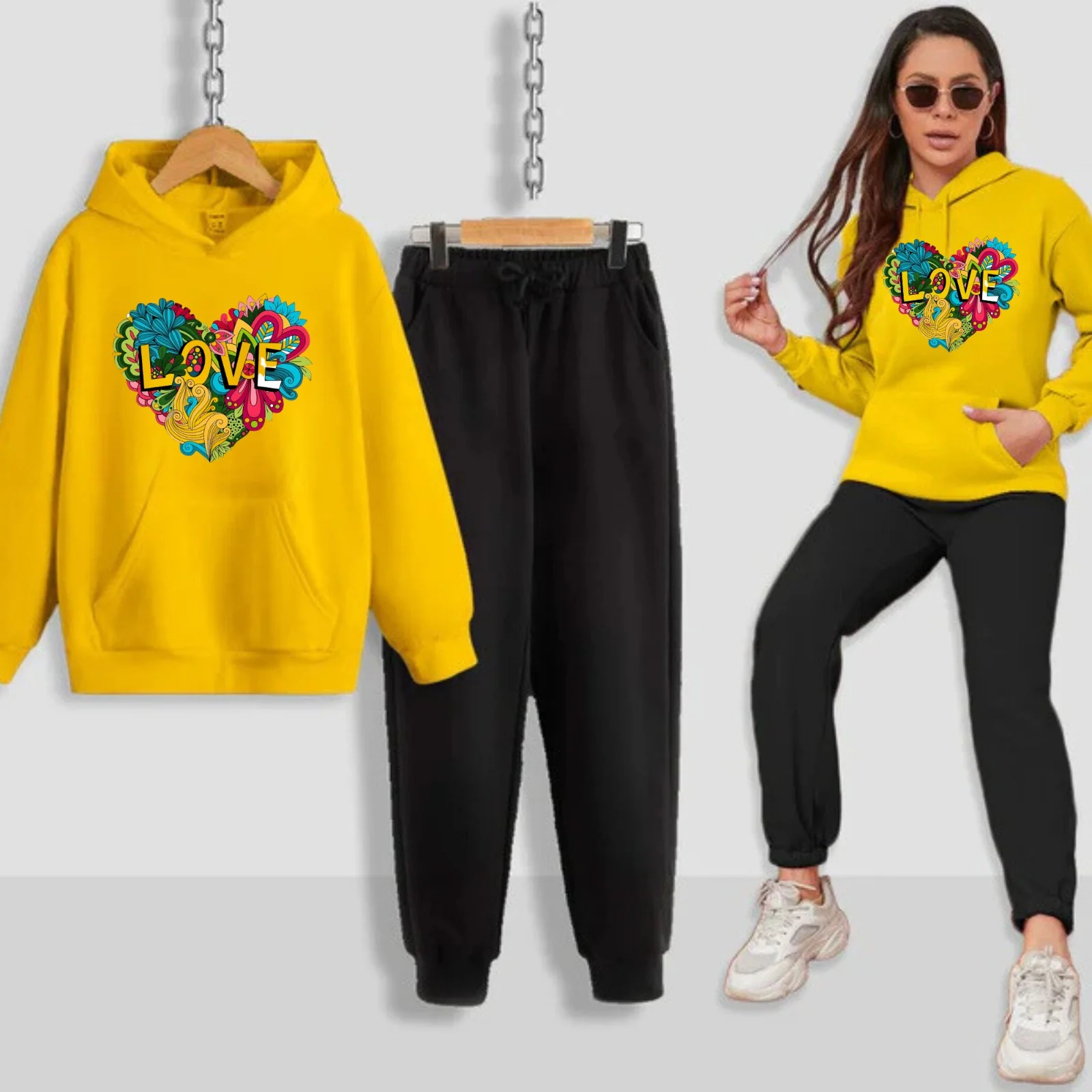 Colourful Love Printed Women Hoodie Set - Image 6