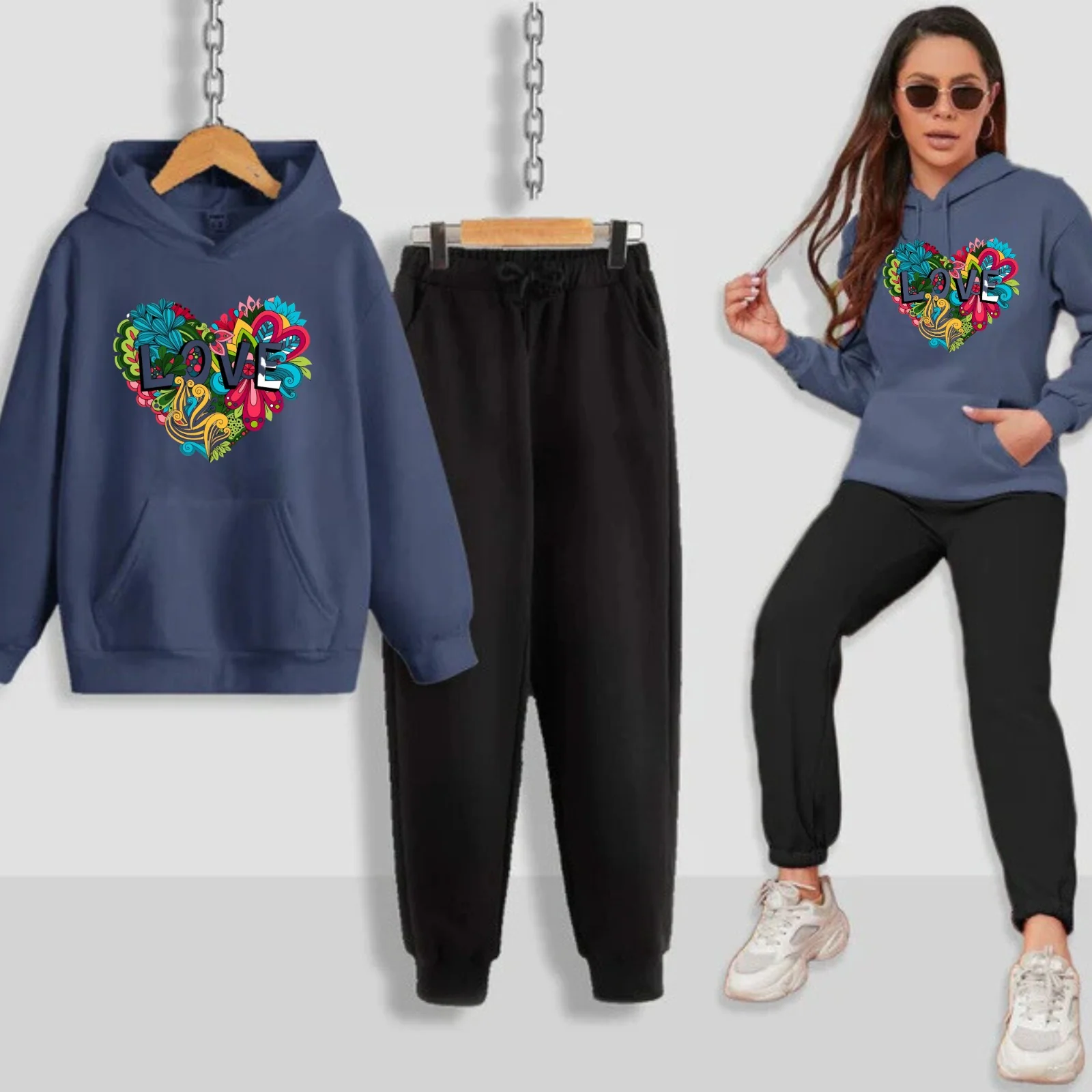 Colourful Love Printed Women Hoodie Set - Image 7