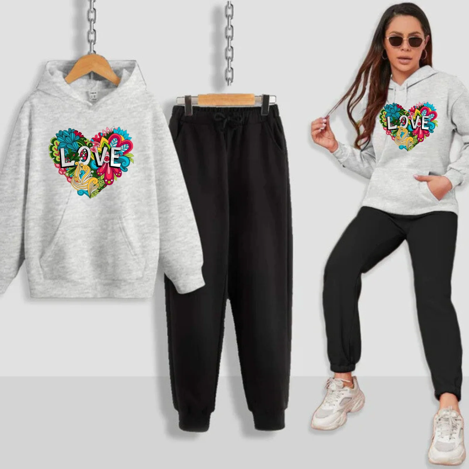 Colourful Love Printed Women Hoodie Set - Image 8