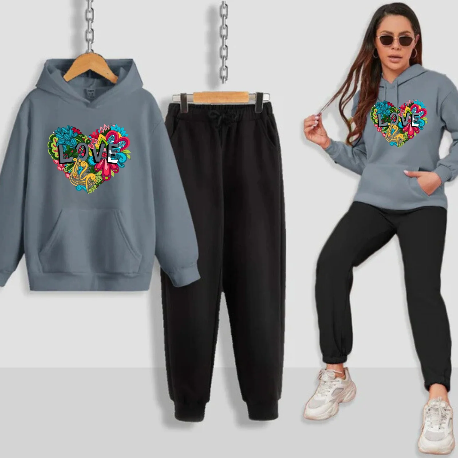 Colourful Love Printed Women Hoodie Set - Image 9