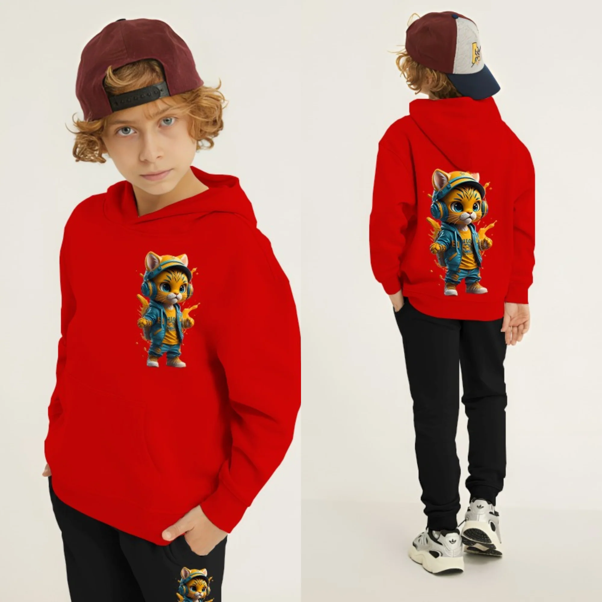 Cool Cat Printed Kids Hoodie Set - Image 3