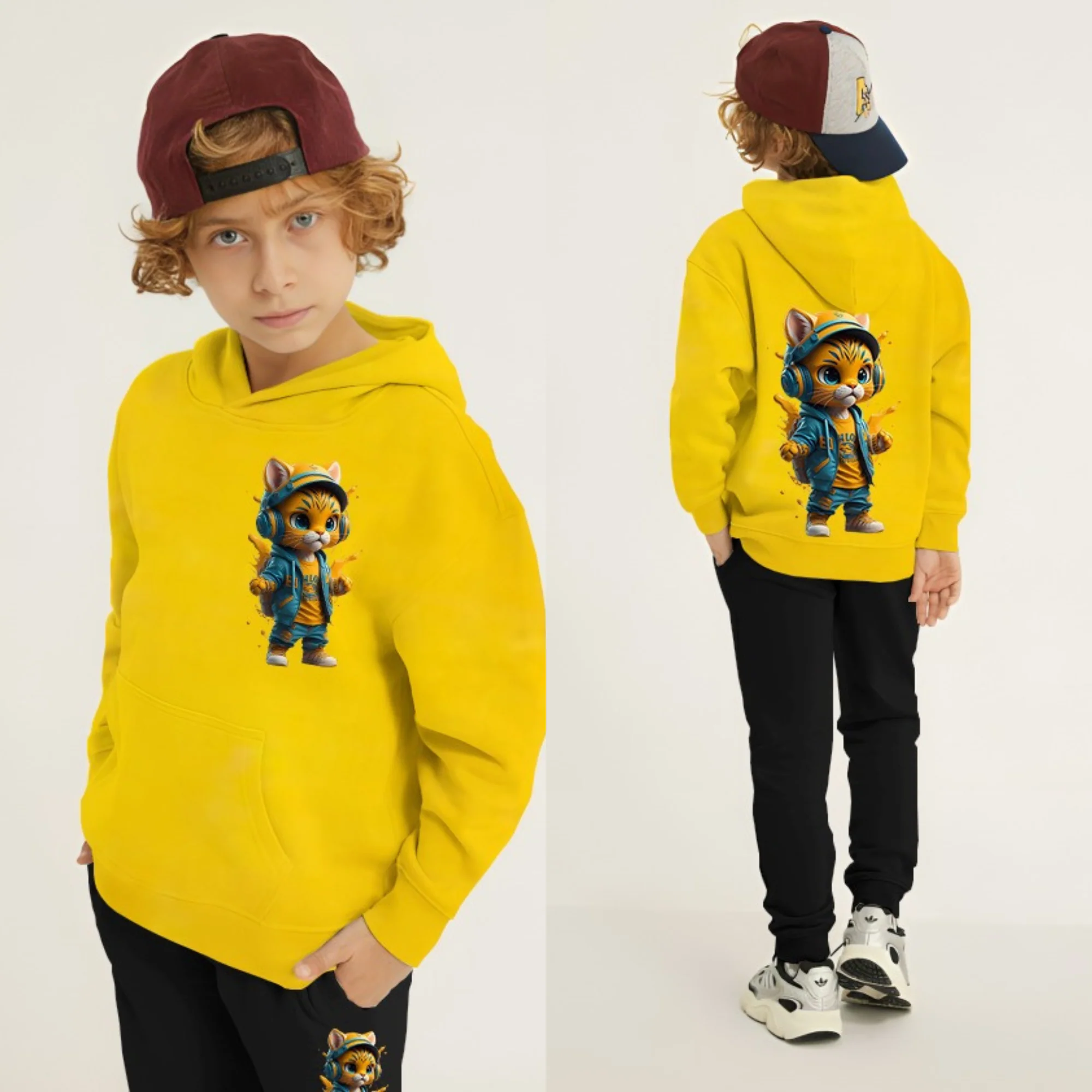 Cool Cat Printed Kids Hoodie Set - Image 7