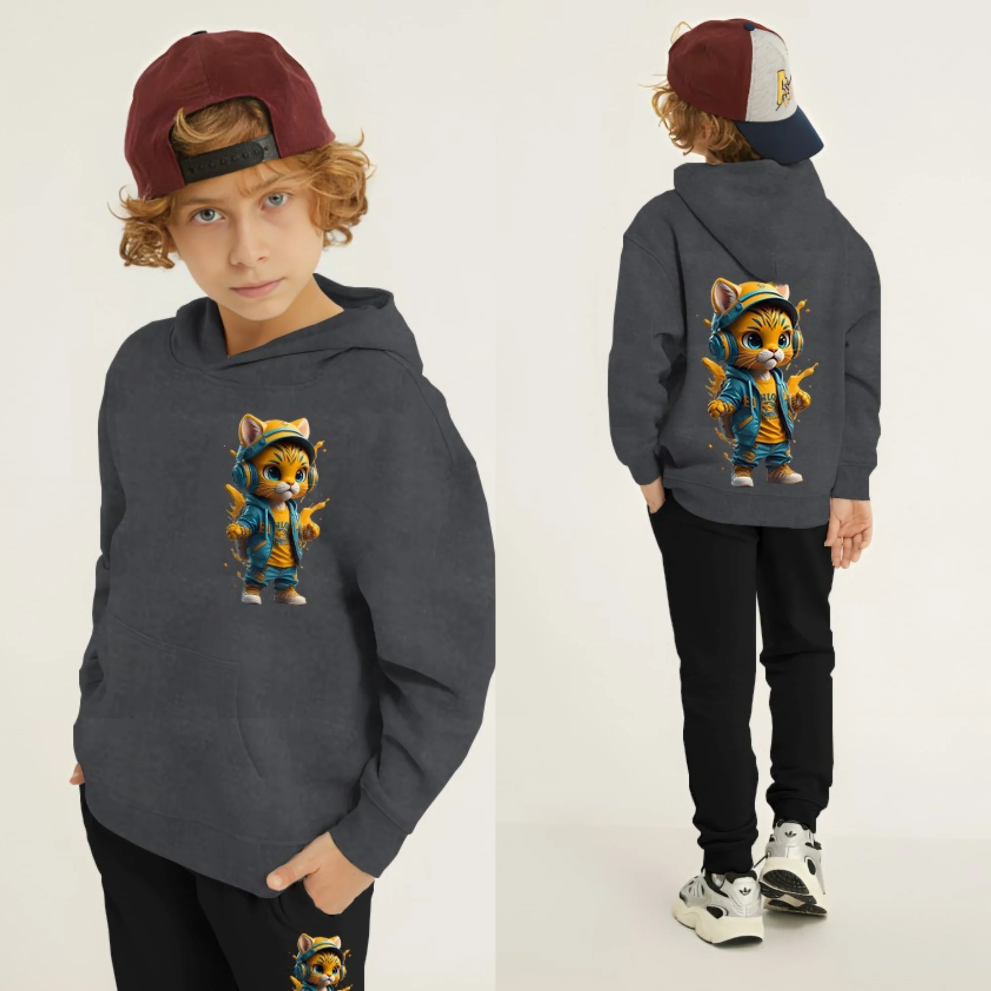 Cool Cat Printed Kids Hoodie Set - Image 8