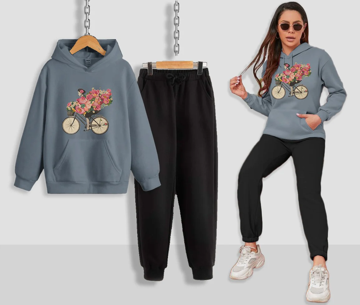 Floral Bicycle Printed Women Hoodie Set - Image 11