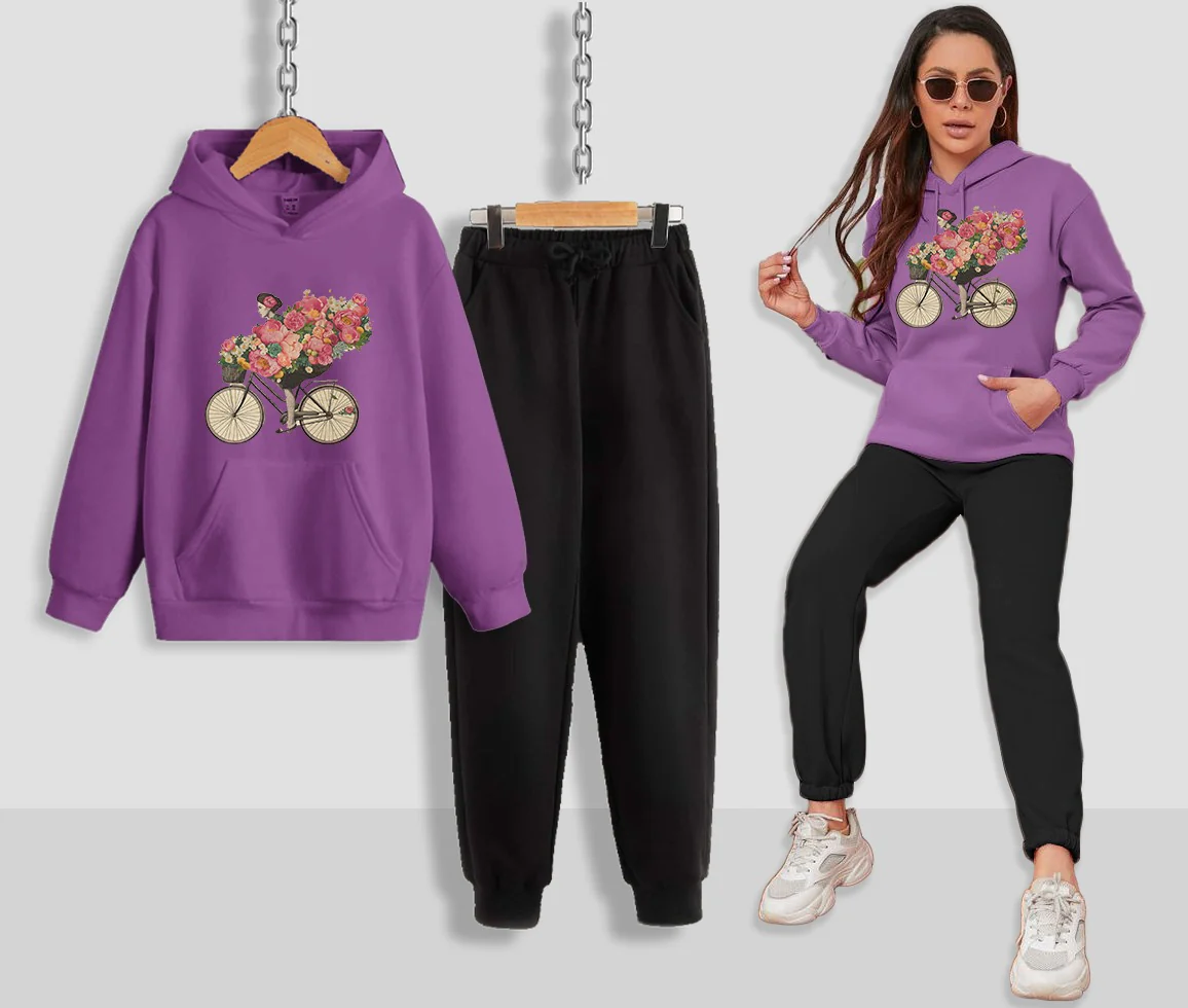 Floral Bicycle Printed Women Hoodie Set - Image 3