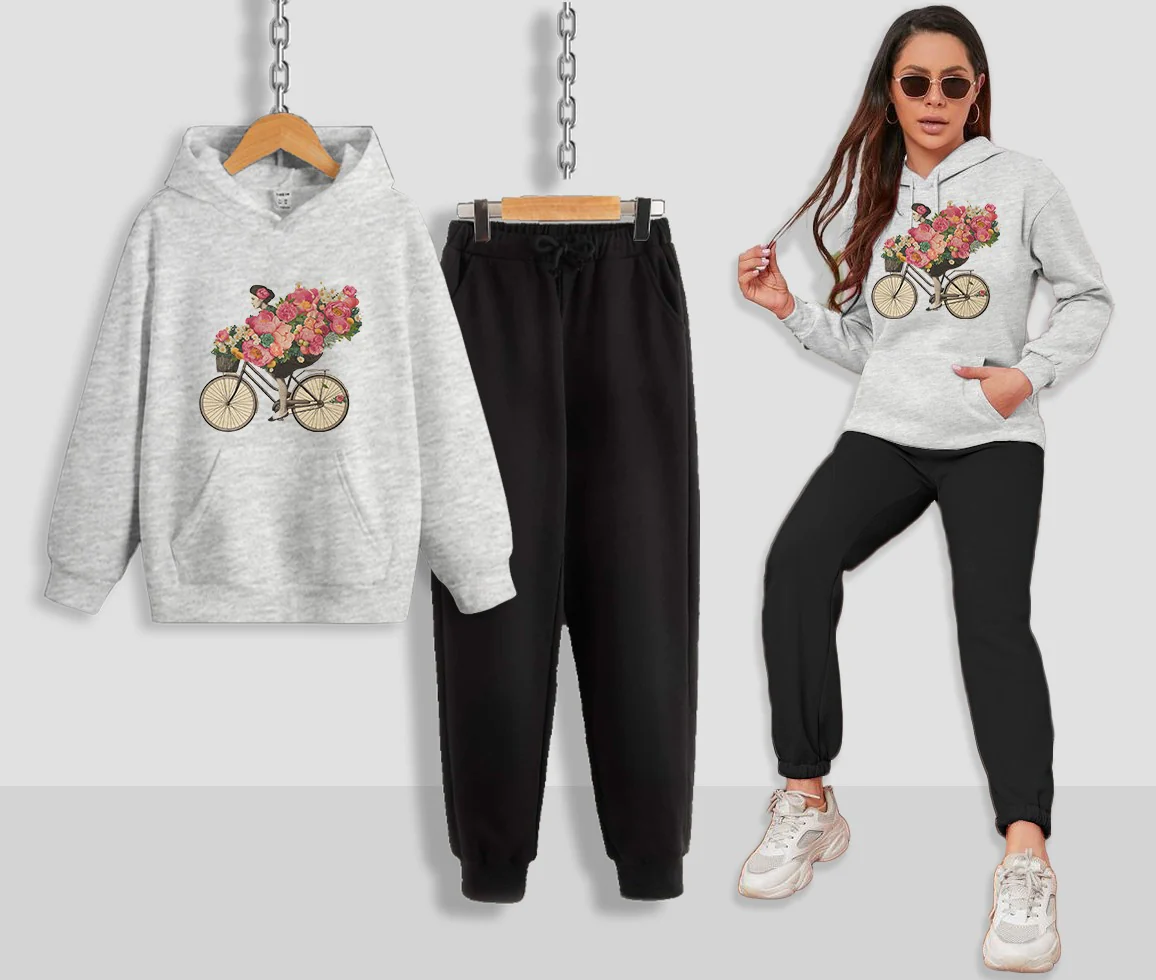Floral Bicycle Printed Women Hoodie Set - Image 4