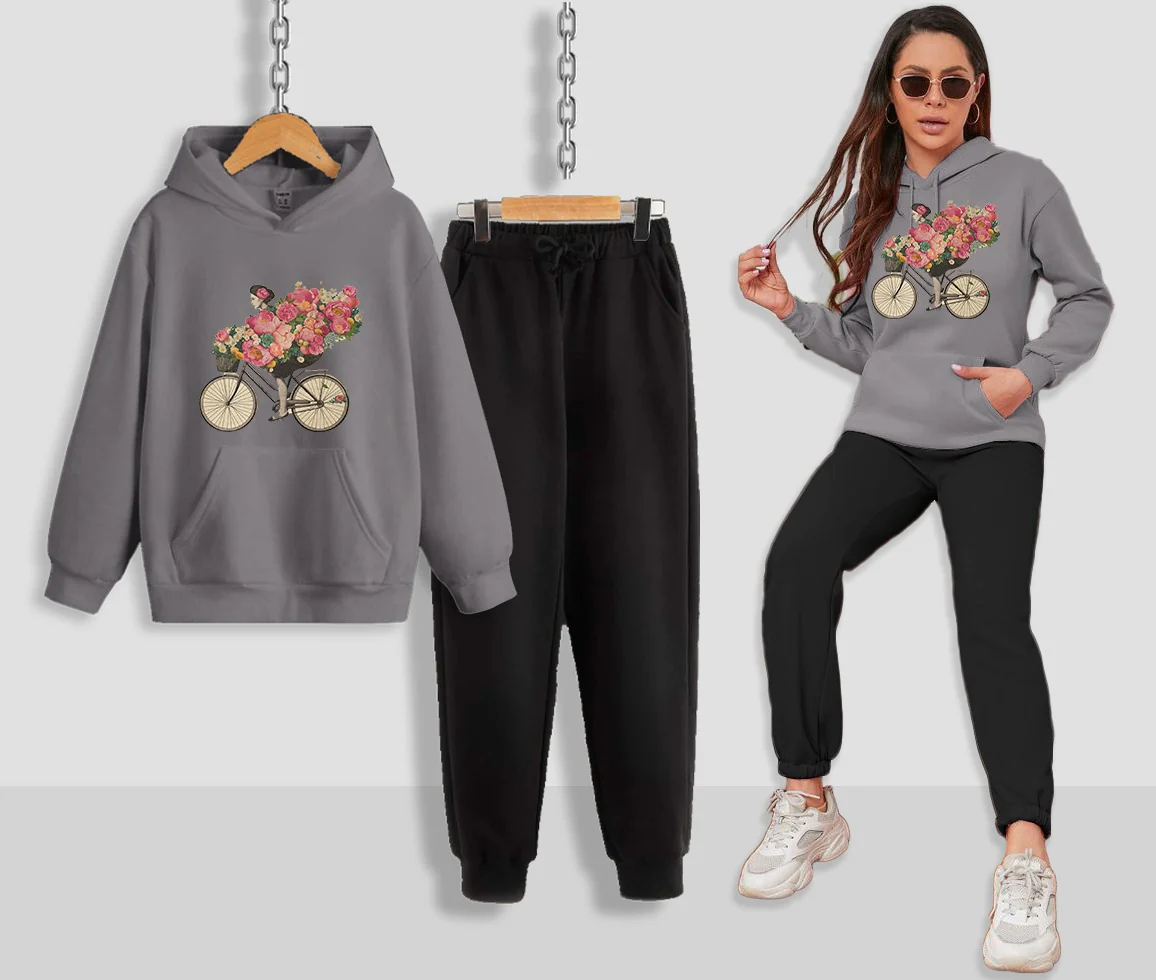 Floral Bicycle Printed Women Hoodie Set - Image 6