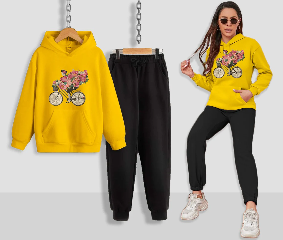 Floral Bicycle Printed Women Hoodie Set - Image 7
