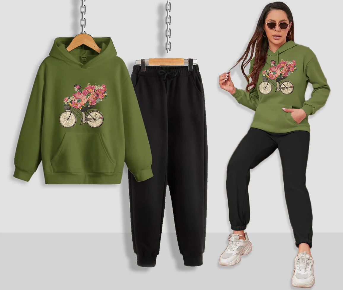 Floral Bicycle Printed Women Hoodie Set - Image 8