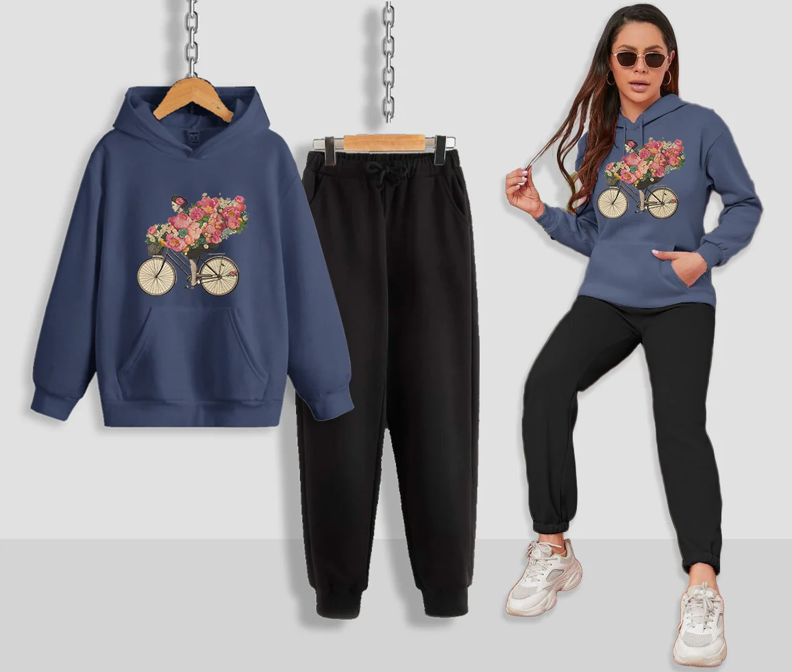 Floral Bicycle Printed Women Hoodie Set - Image 9