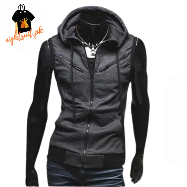 Dark Grey Sleeveless Hooded Zipper Sport Gym Warm - Image 2