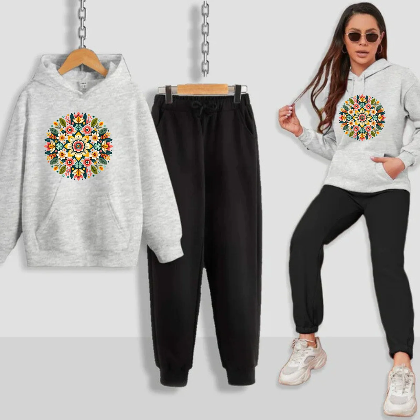 Multi Flower Pattern Printed Women Hoodie Set - Image 10