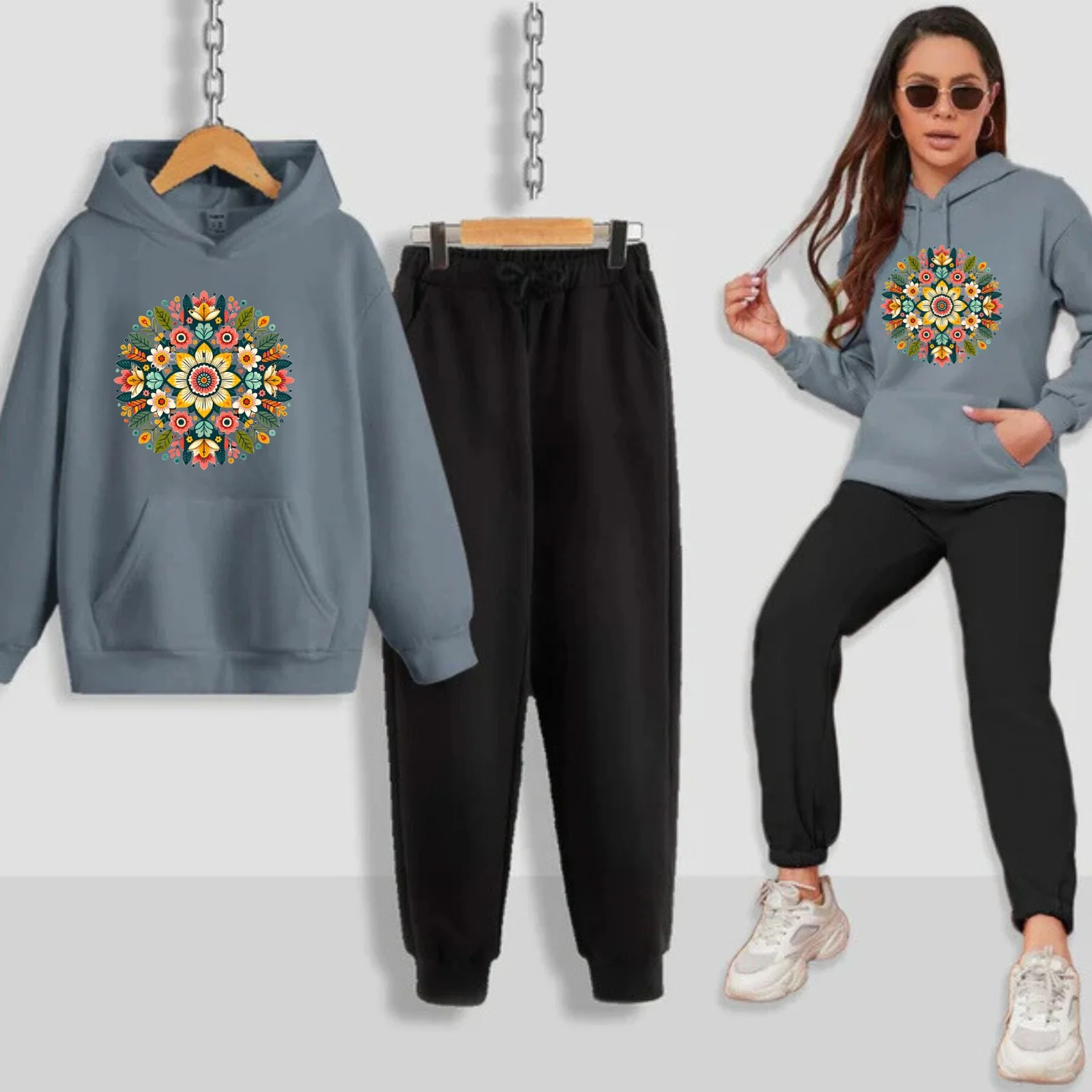 Multi Flower Pattern Printed Women Hoodie Set - Image 11