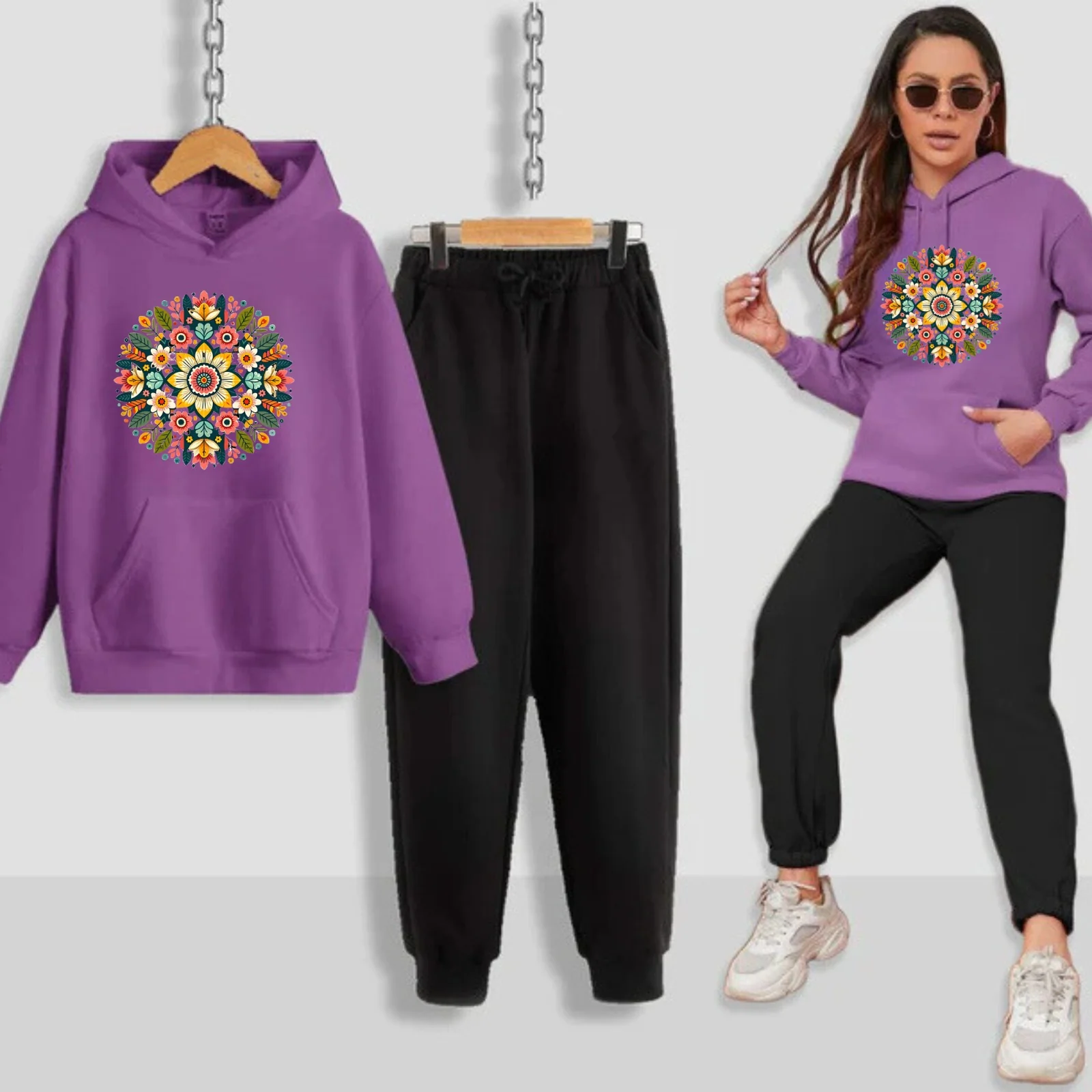 Multi Flower Pattern Printed Women Hoodie Set - Image 3