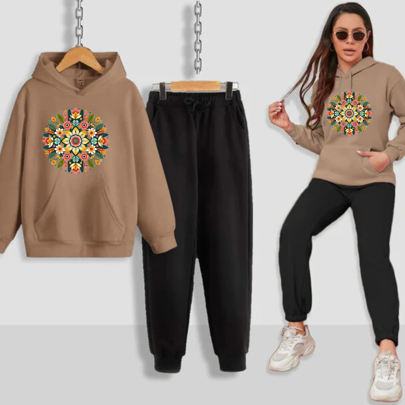 Multi Flower Pattern Printed Women Hoodie Set - Image 4
