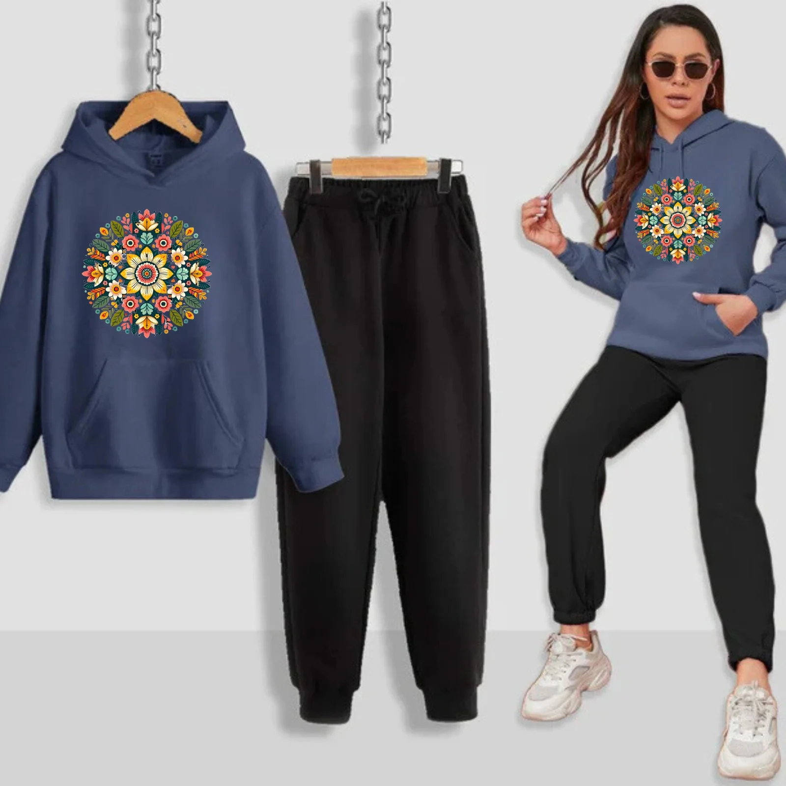Multi Flower Pattern Printed Women Hoodie Set - Image 6