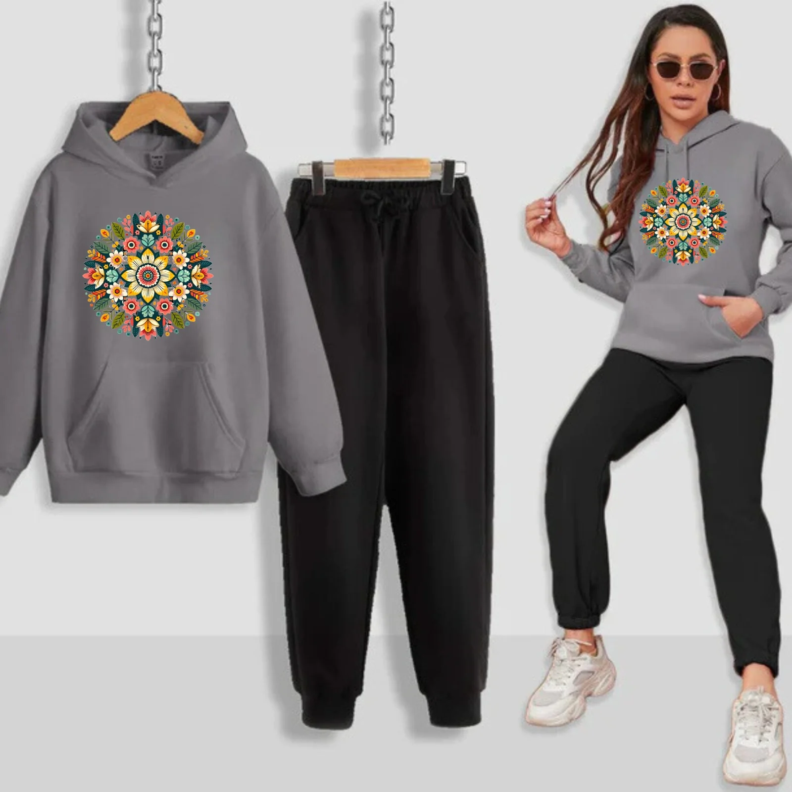 Multi Flower Pattern Printed Women Hoodie Set - Image 7