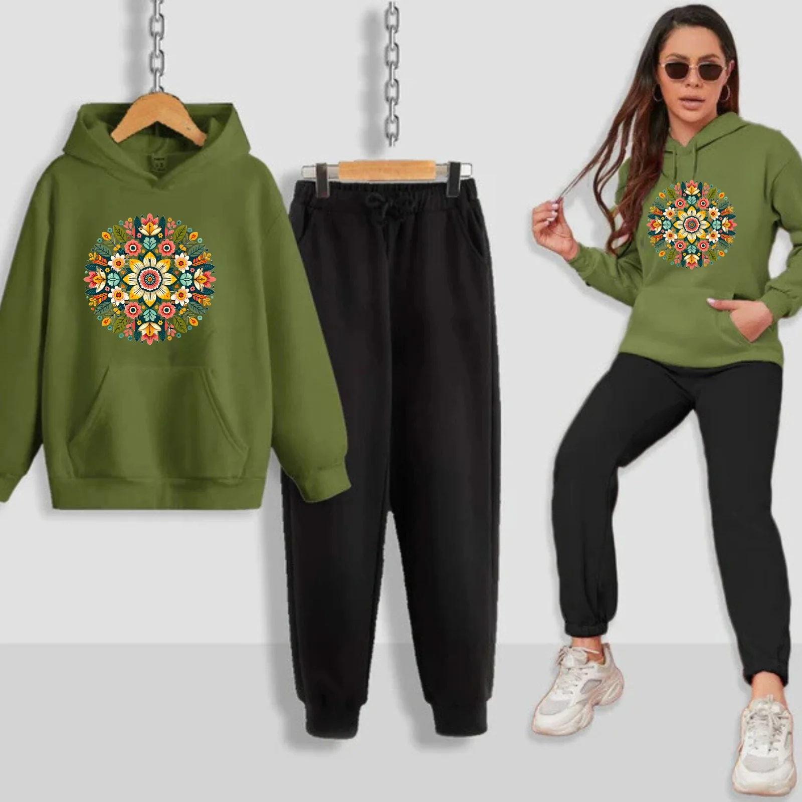 Multi Flower Pattern Printed Women Hoodie Set - Image 8