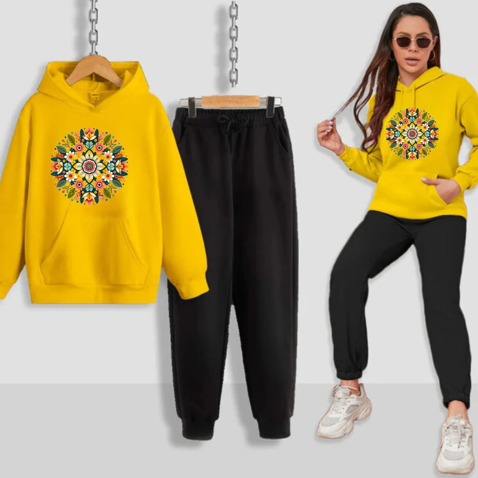 Multi Flower Pattern Printed Women Hoodie Set - Image 9