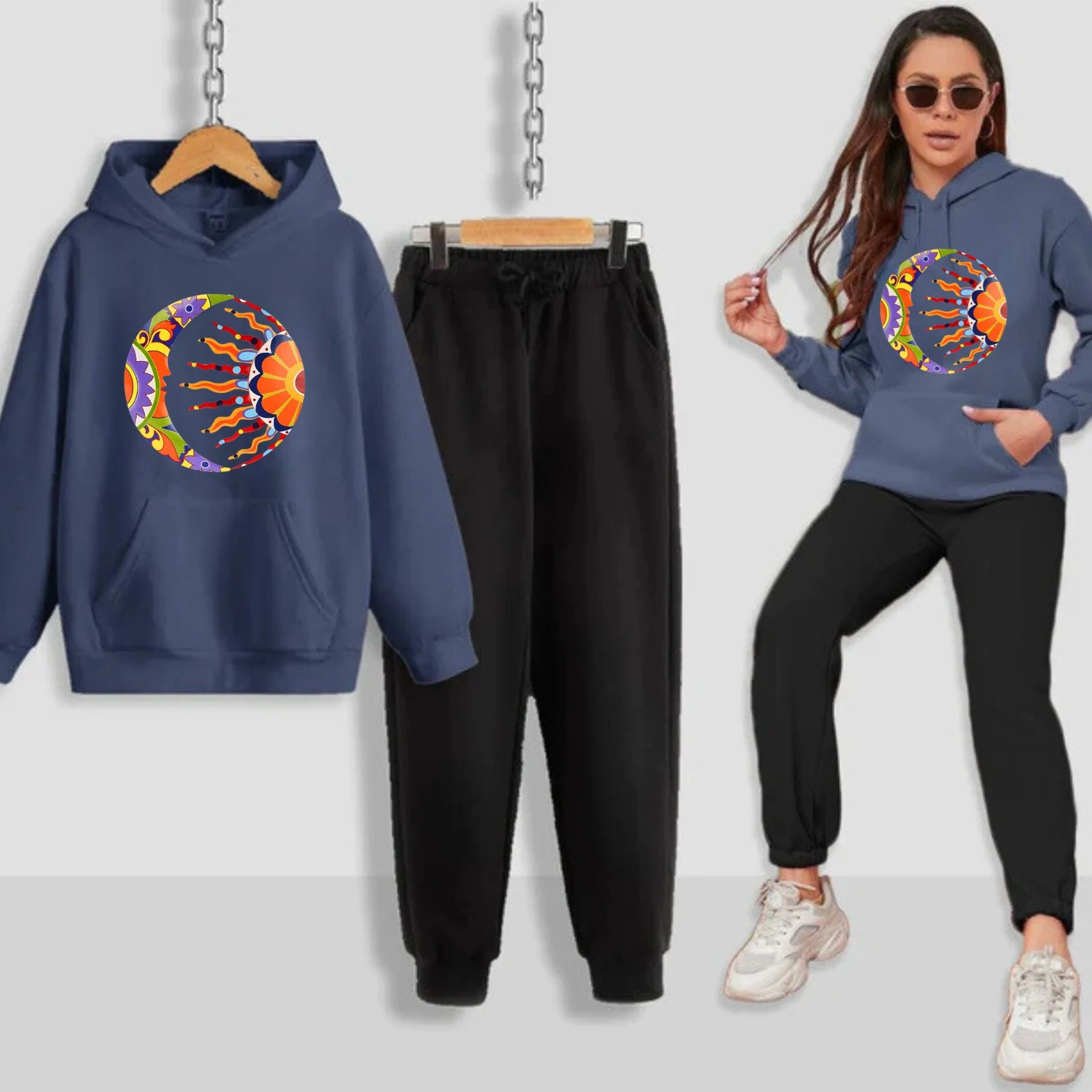 Moon & Sun Printed Women Hoodie Set - Image 3