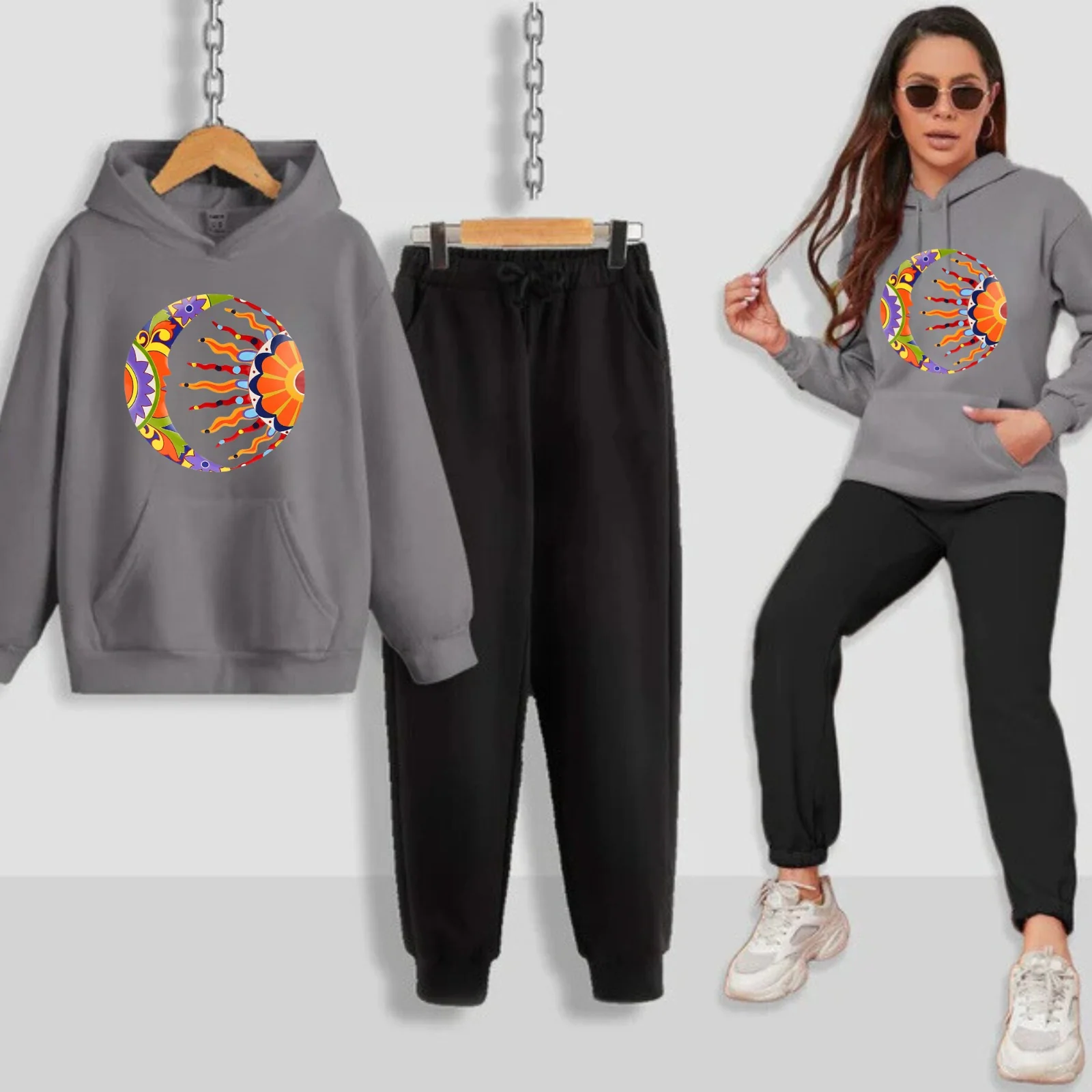 Moon & Sun Printed Women Hoodie Set - Image 5