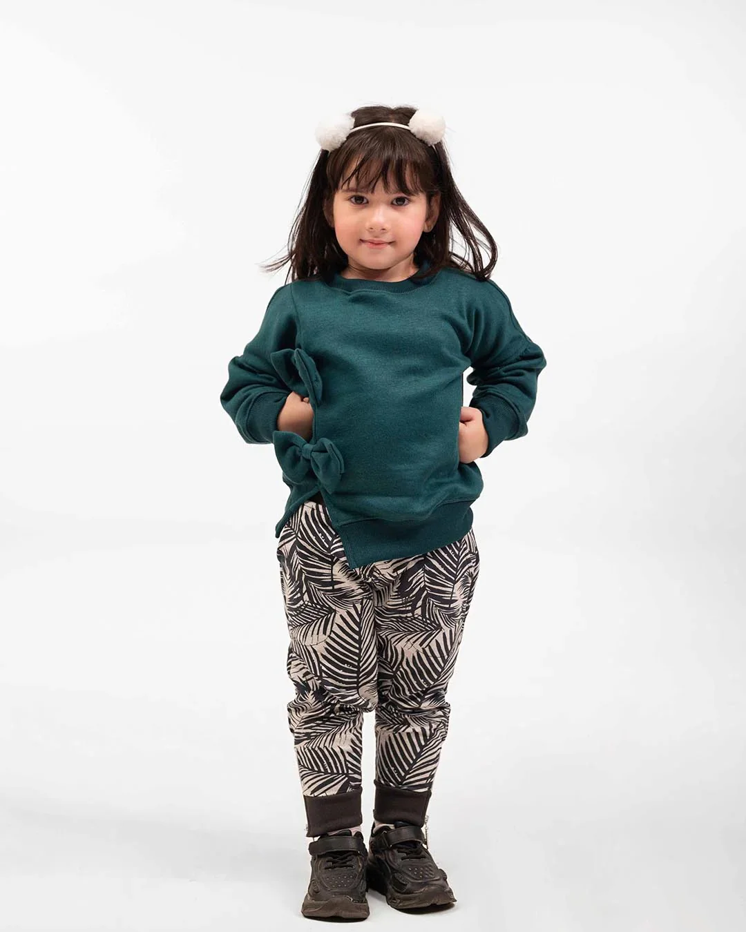 Girls Bow Sweatshirt & Leaf Print Jogger Set | Forest Green - Image 2