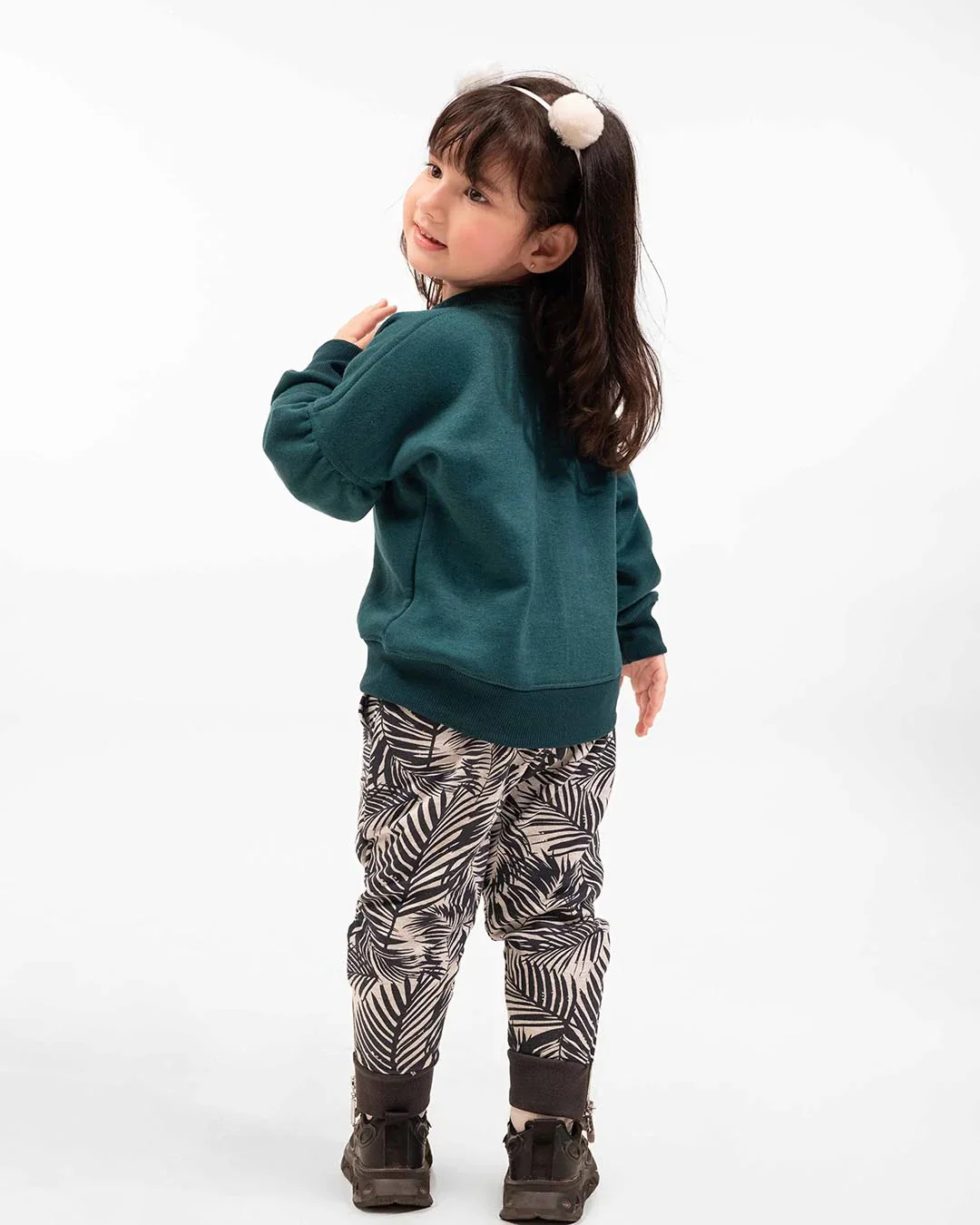 Girls Bow Sweatshirt & Leaf Print Jogger Set | Forest Green - Image 3