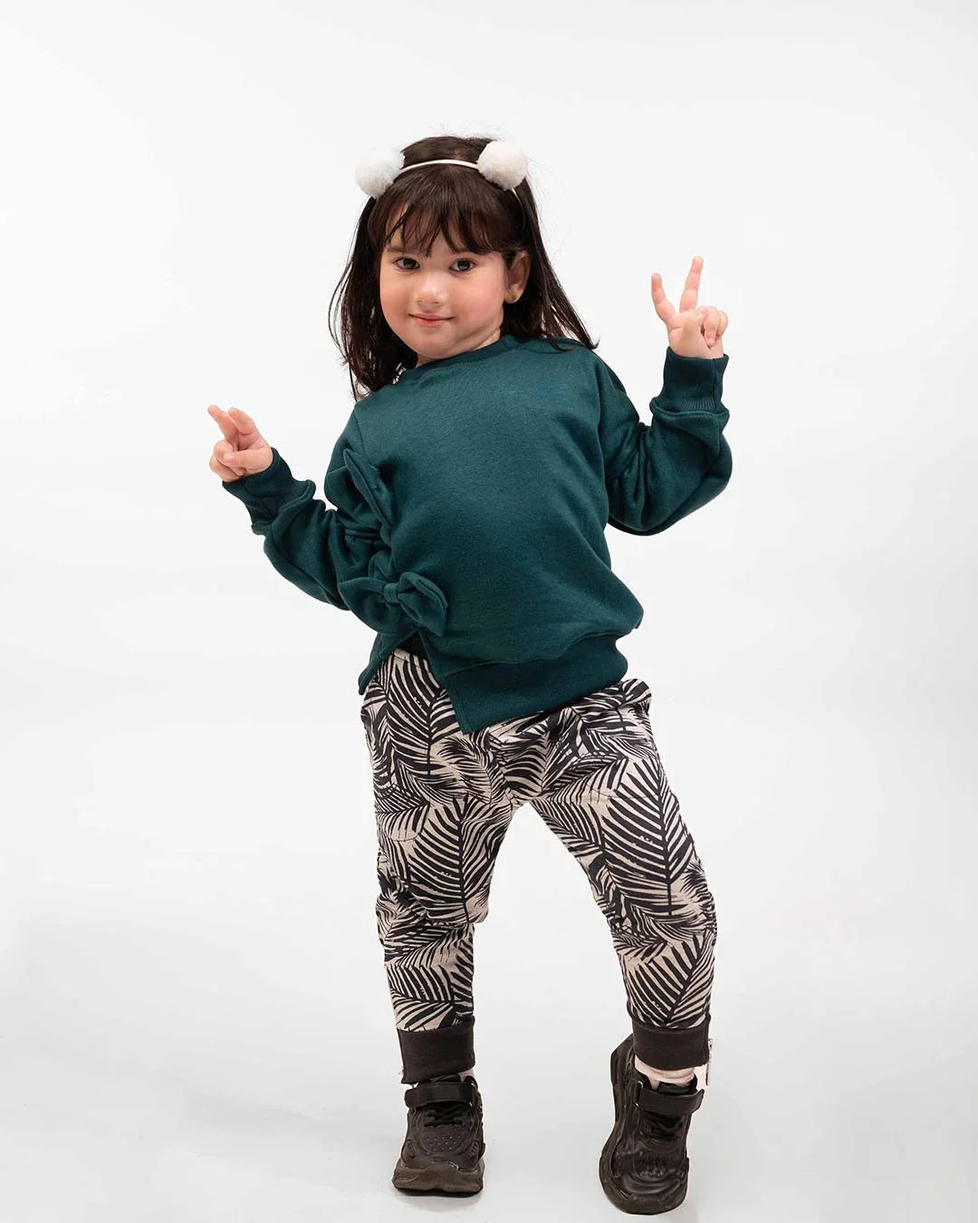 Girls Bow Sweatshirt & Leaf Print Jogger Set | Forest Green - Image 4