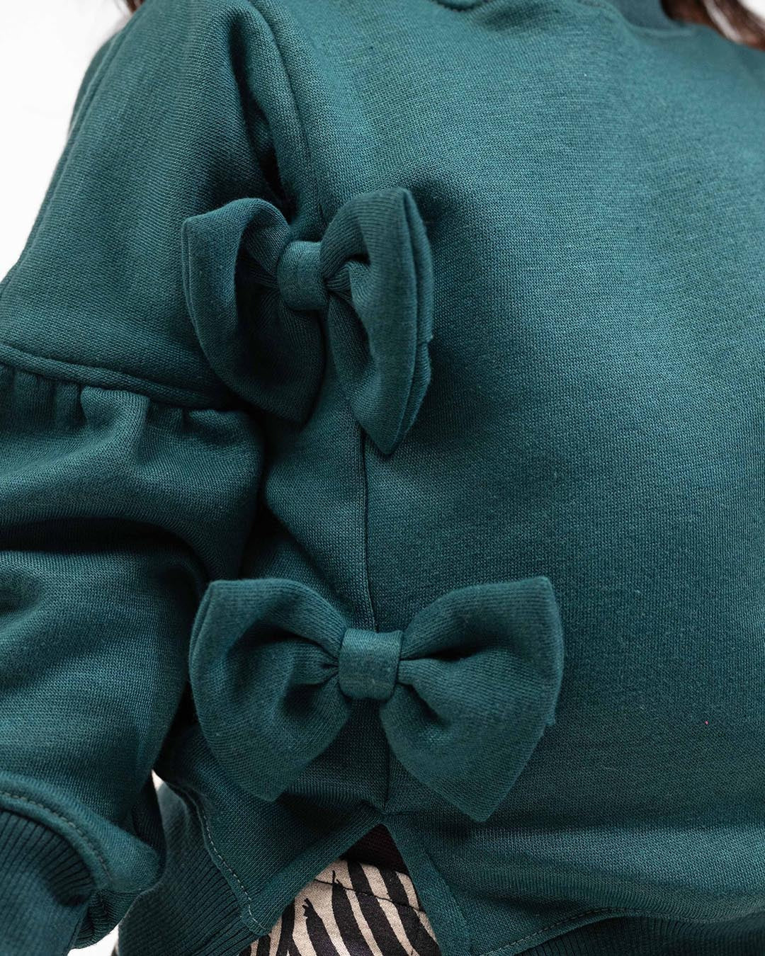 Girls Bow Sweatshirt & Leaf Print Jogger Set | Forest Green - Image 5