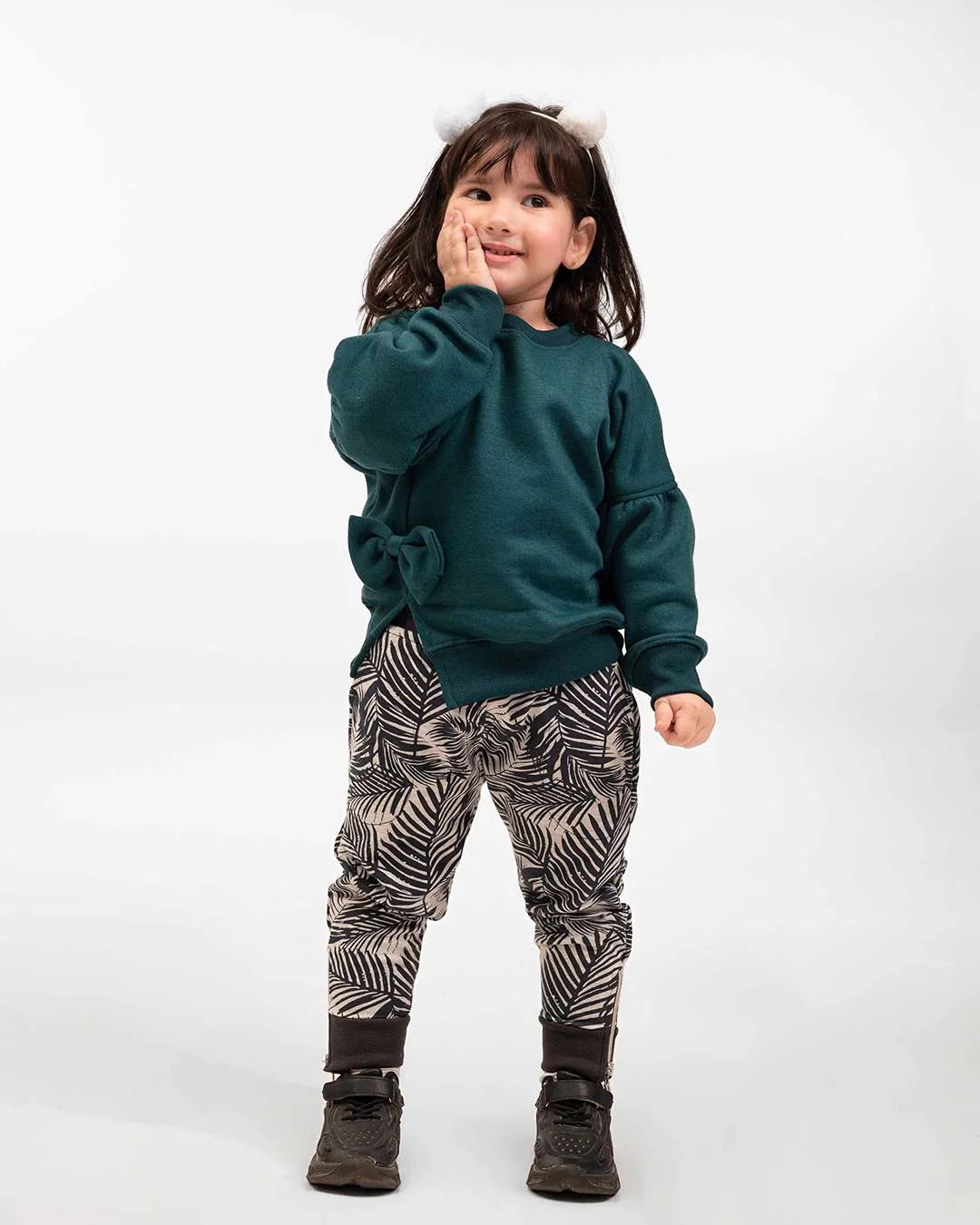 Girls Bow Sweatshirt & Leaf Print Jogger Set | Forest Green - Image 6