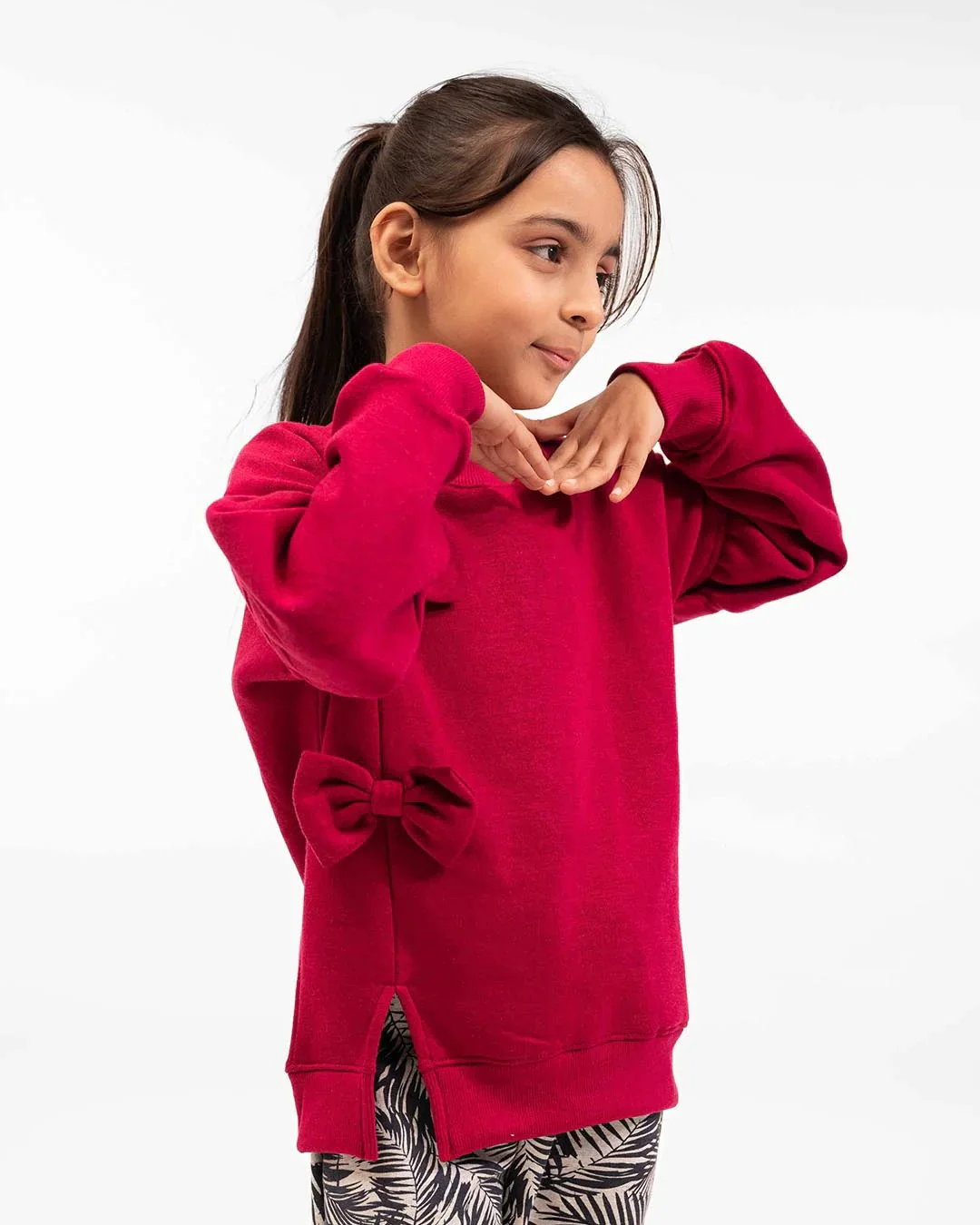 Girls Bow Sweatshirt & Leaf Print Jogger Set | Maroon - Image 3