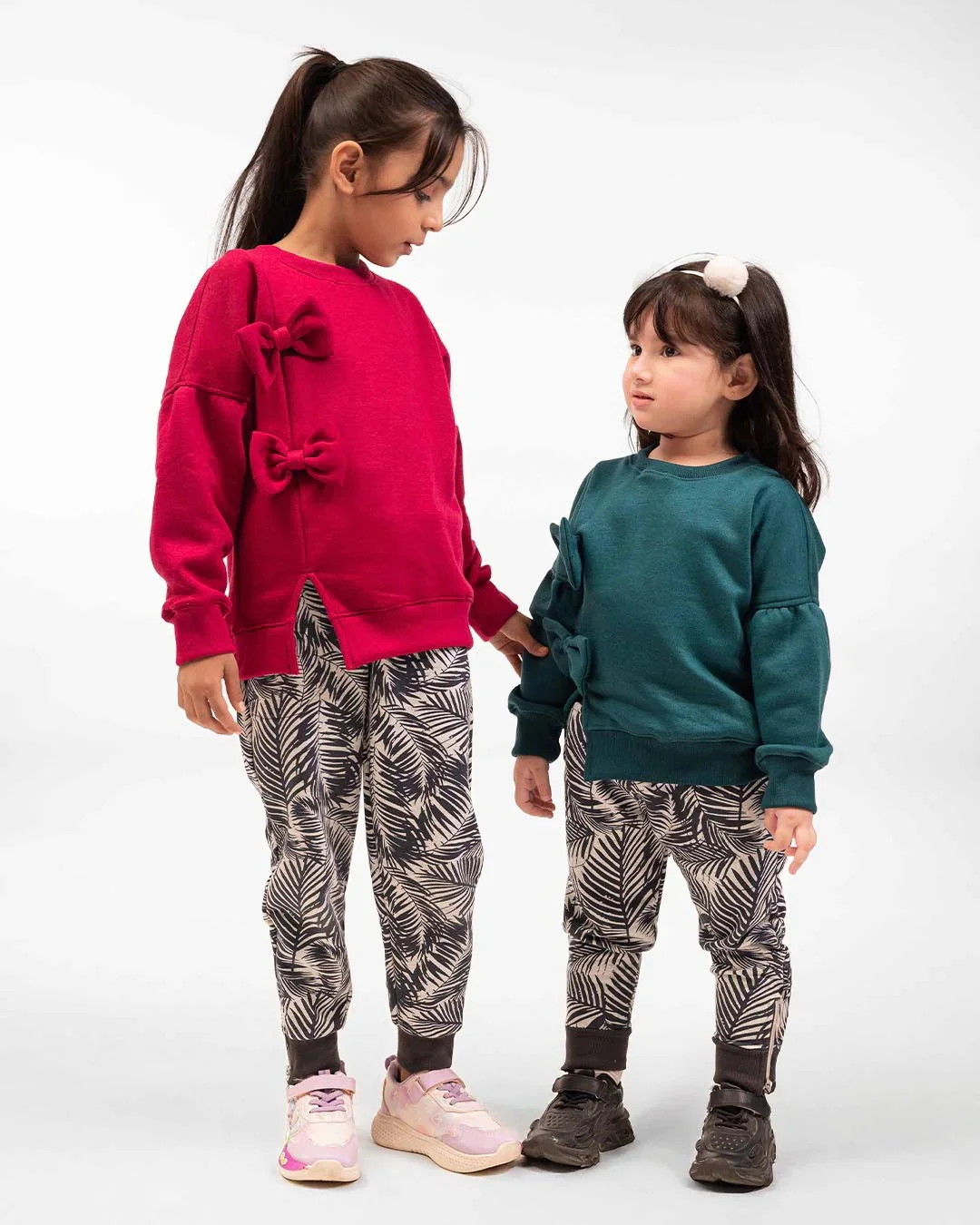 Girls Bow Sweatshirt & Leaf Print Jogger Set | Maroon - Image 4