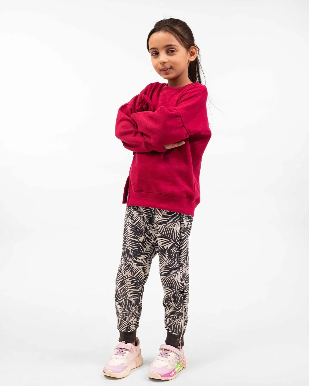 Girls Bow Sweatshirt & Leaf Print Jogger Set | Maroon - Image 5